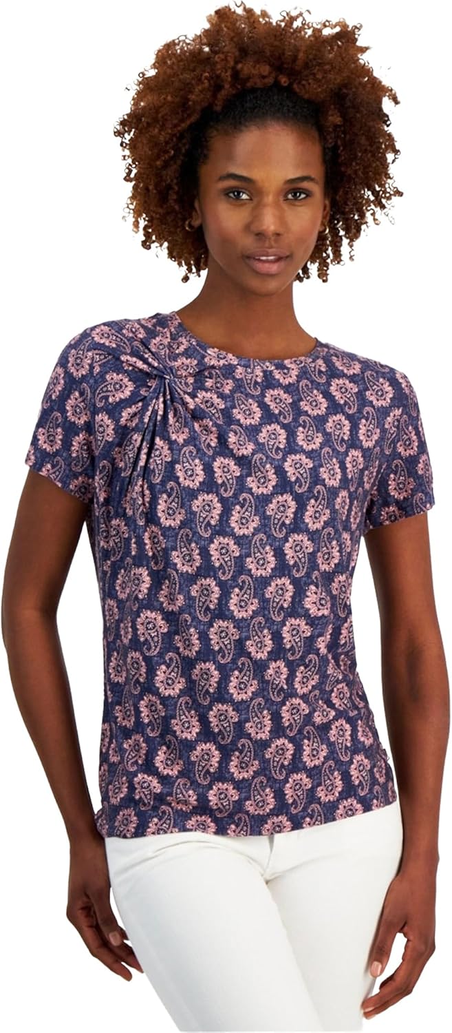 Nautica Jeans Women's Paisley Twist-Accent Crewneck T-Shirt (Denim Multi, Small)