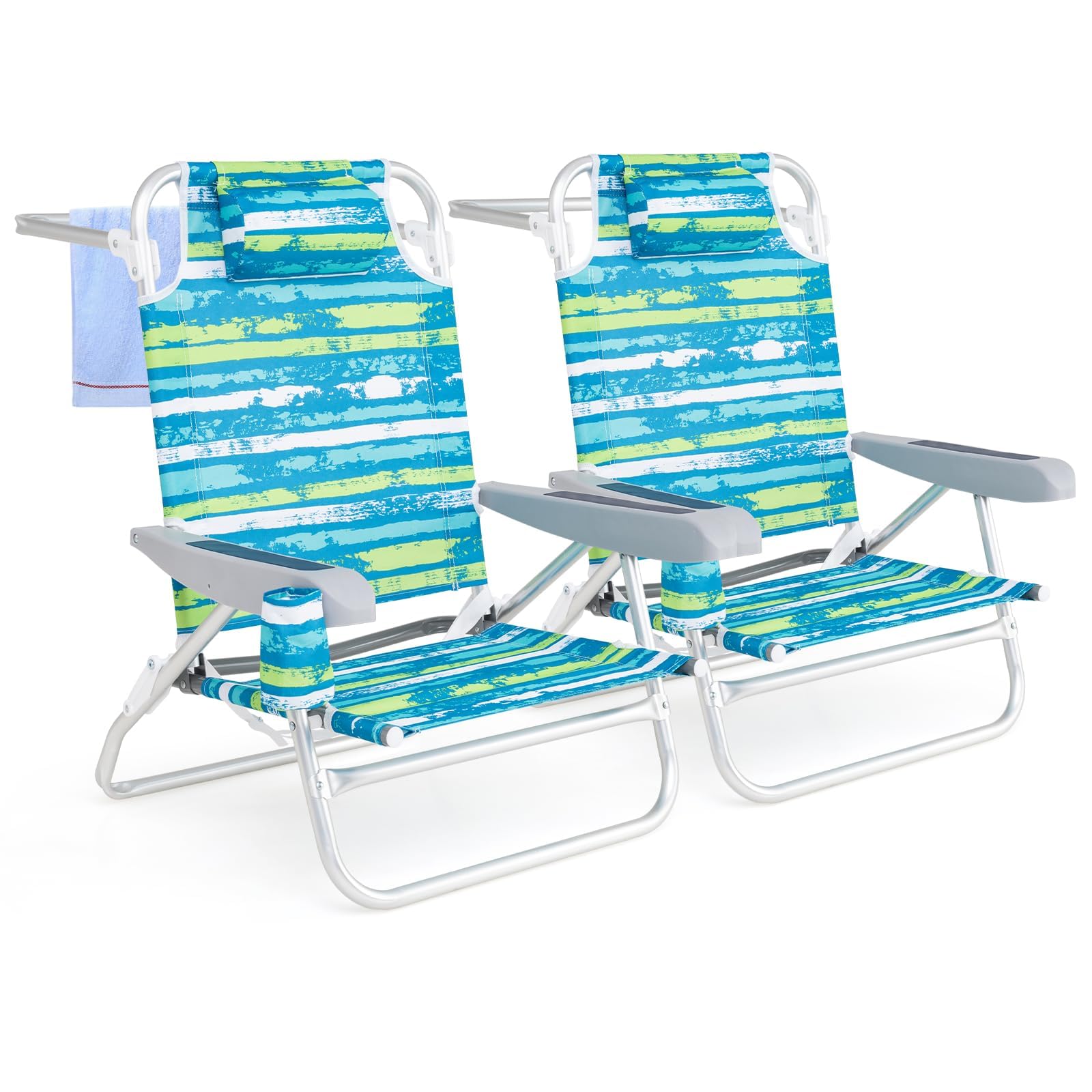 FANTASK 2-TLG Strandstühle klappbar, Campingstuhl 5-stufig verstellbare Rückenlehne, Klappstühle mit Verstellbarer Rückenlehne, Kopfstütze, Getränkehalter & Handtuchhalter, bis 150 kg belastbar, Grün