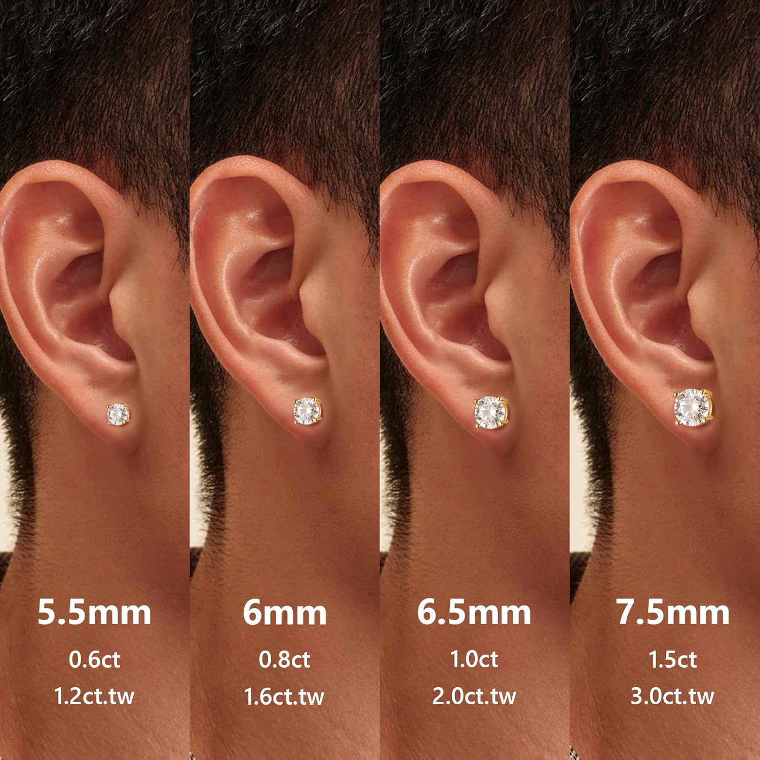 KRKCLIFE Moissanite Stud Earrings for Women Men, 0.6-3CT 14K Gold Plated S925 Sterling Silver Hypoallergenic, Birthday Gifts for Her Him Wife Mom, D Color VVS1 Lab Created Jewelry for Anniversary - Image 5