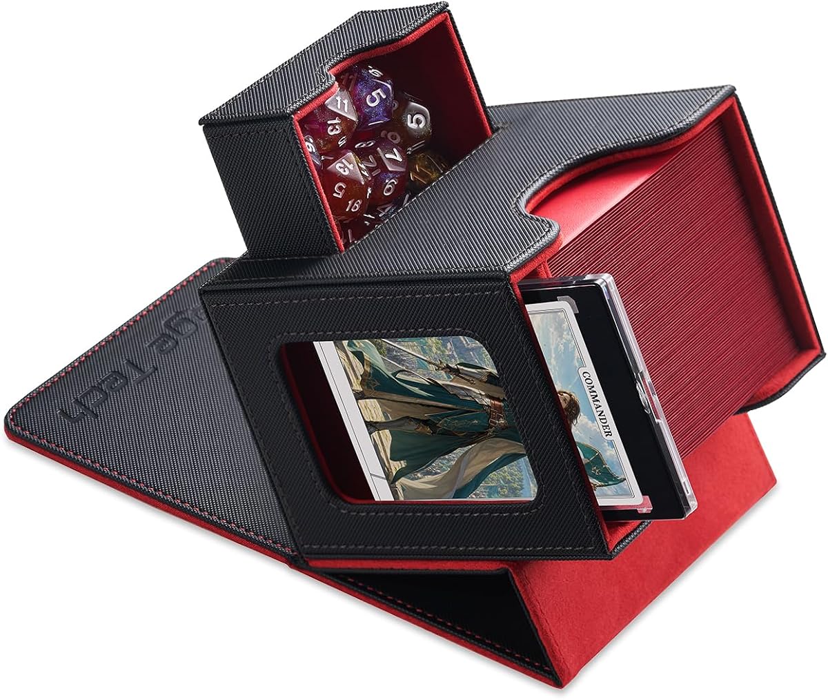 Card Deck Box for MTG Commander - Patented Design, Commander Display, Fits 100 Double-Sleeved Cards, 35pt Card Brick & Dice Tray - Black/Red