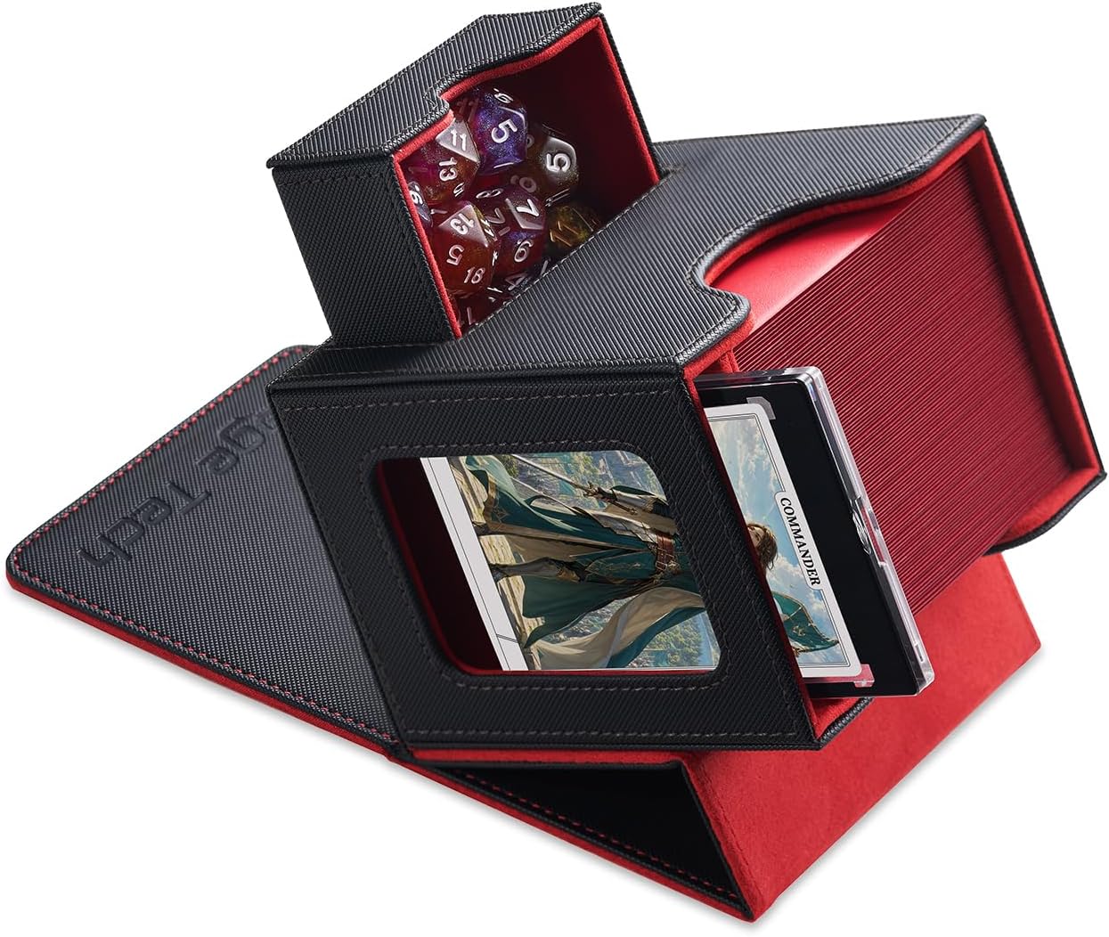 Mage Tech Caja de Mazos Commander para MTG - Diseño Patentado, Exhibición de Commander, Apta para 100 Cartas con Doble Funda, Soporte Magnético de Cartas de 35pt &amp; Bandeja para Dados - Negro/Rojo