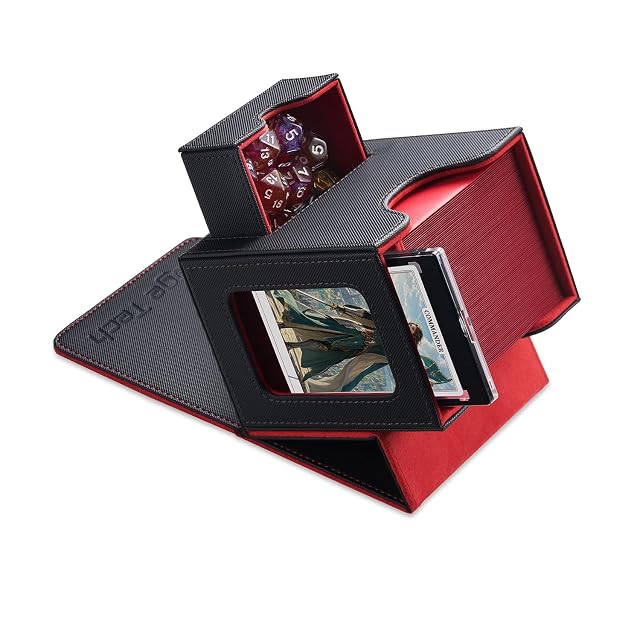 Mage Tech Caja de Mazos Commander para MTG - Diseño Patentado, Exhibición de Commander, Apta para 100 Cartas con Doble Funda, Soporte Magnético de Cartas de 35pt & Bandeja para Dados - Negro/Rojo