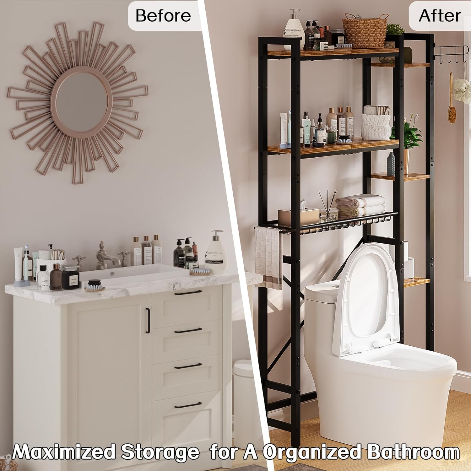 Over The Toilet Storage with Side Shelf, 7 Tier Bathroom Organizer Rack with Paper Holder, Hooks and Basket, Freestanding Above Toilet Shelf for Laundry, Quick Interlock Install (Vintage Brown)