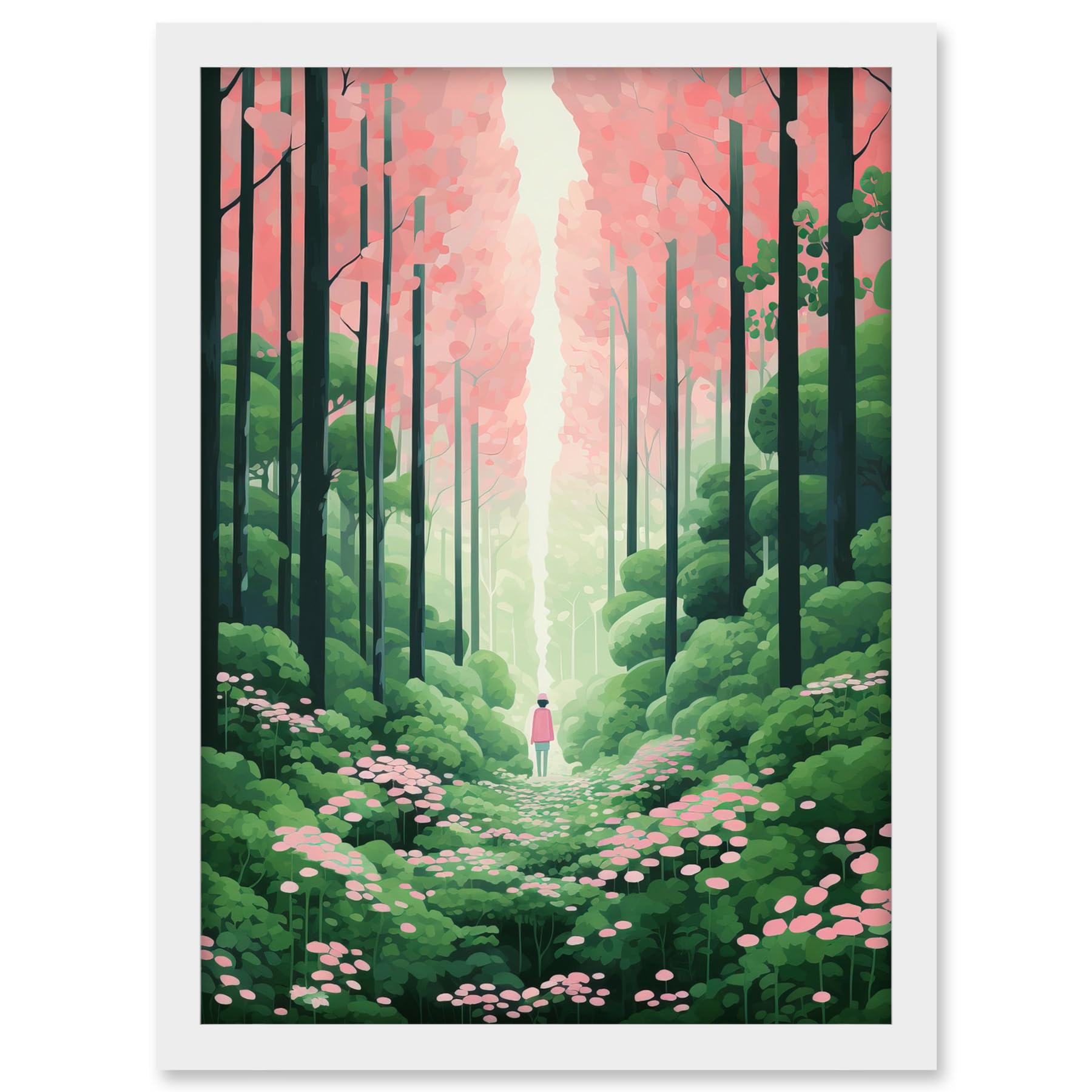 Artery8 Mount Yoshino Cherry Blossom Tree Forest Bright Artwork Baby Pink Green Walk in Nature Trail Artwork Framed A3 Wall Art Print