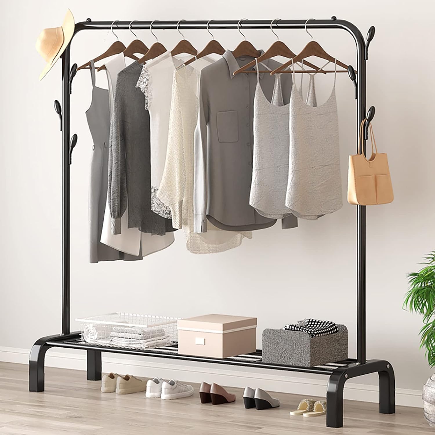 Sunderlook Multipurpose Curved Metal Garment Rack Clothes Rail, Alna For Clothes For Bedroom, Clothes Hanging Stand With 2 Bottom Shelves, Clothes Hanger Stand Side Hook Tower Hanging Handbag (Black) (B0DHCN112X) Amazon Price History, Amazon Price Tracker