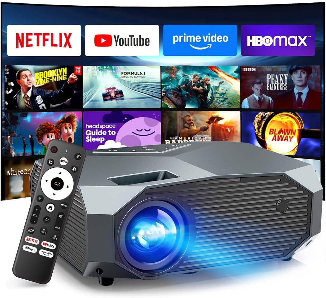 [Compatible with Netflix/High Brightness] Smart Projector with WiFi 6 and Bluetooth 5.3, 4K Outdoor Movie Projector with Prime Video/YouTube, Portable Projector Compatible with HDMI/USB/iOS/Android