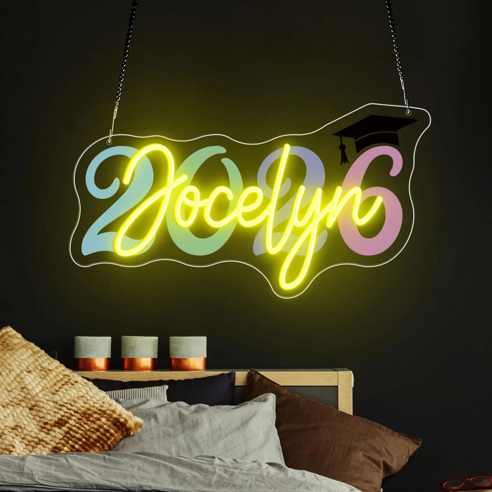 Custom Name Colorful 2026 Graduation Neon Sign Personalized LED Grad Cap Light for Bedroom Decor Class of 2026 Graduation Party Wall Decor Customizable Graduation Gifts