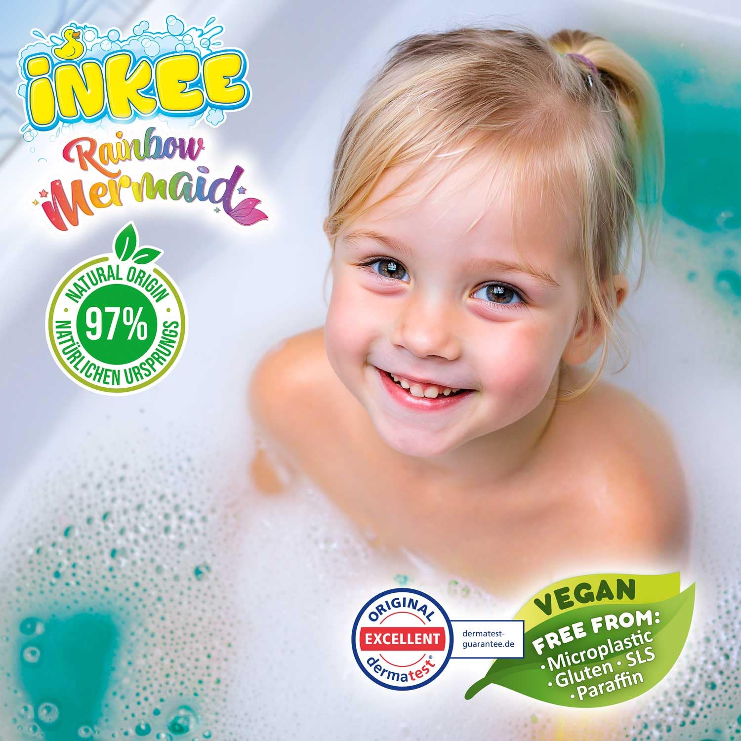 INKEE Bubble Bath Sirena Arcoíris Pack 3 – Espuma de Baño para Niños con Aroma Tropical, Espuma Turquesa para la Bañera, Aditivo de Baño Infantil 3x 40ml