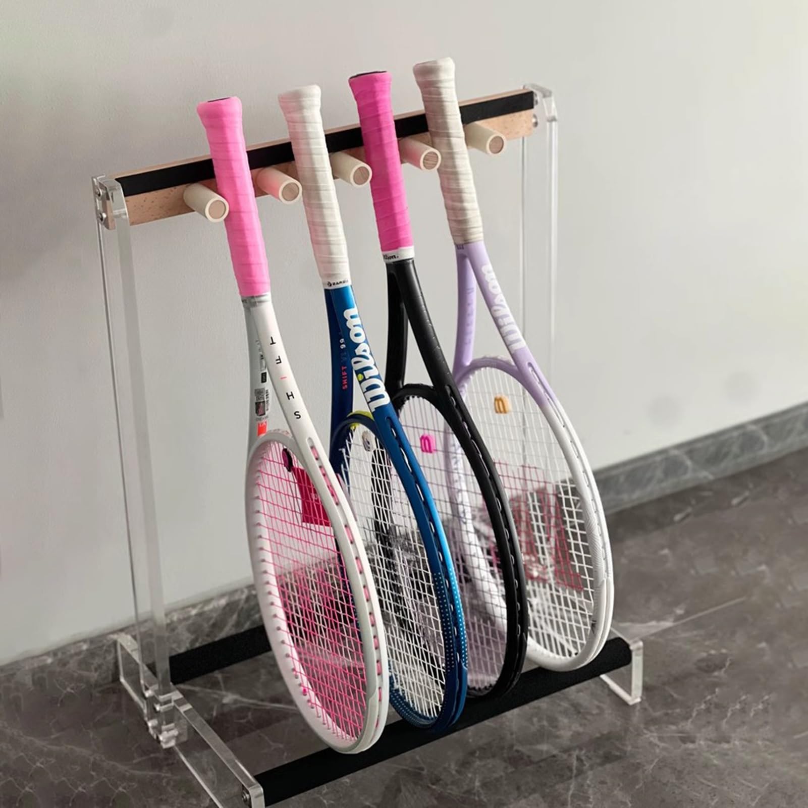 Kunovo Acrylic Tennis Racket Rack, Floor Standing Racquet Storage Stand - Can Store 6 Rackets, Badminton Racket Display Holder for School Stadium