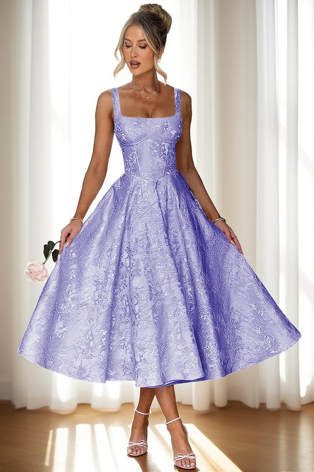 Floral Satin Jacquard Prom Dresses 2026 A-Line Tea Length Midi Square Neck Evening Party Gown with Pockets for Women - Image 7