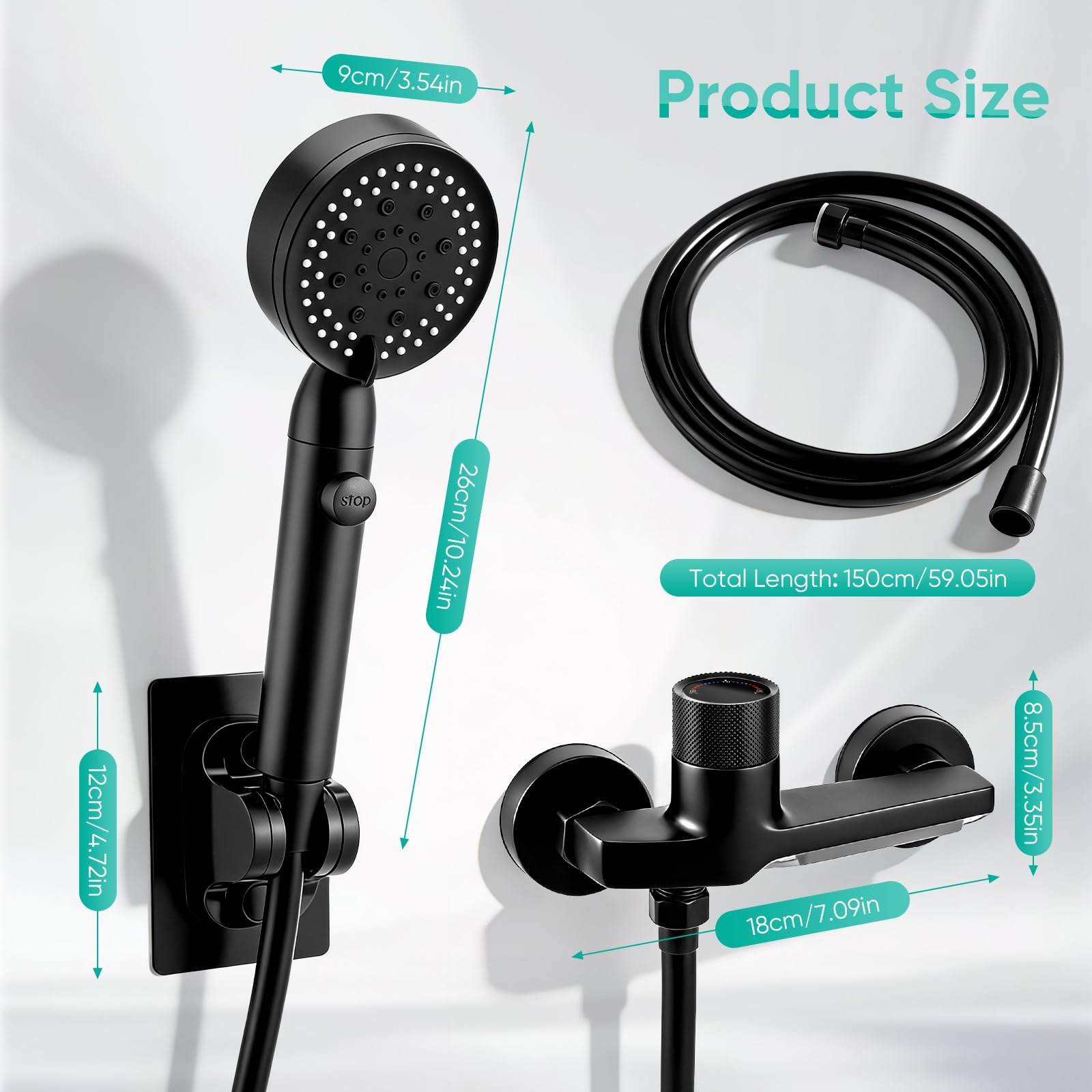 Rubinetto da vasca a cascata con soffione a mano, miscelatore per doccia a 5 funzioni con tubo in PVC da 1,5 m e supporto a parete, miscelatore da bagno e doccia in ottone
