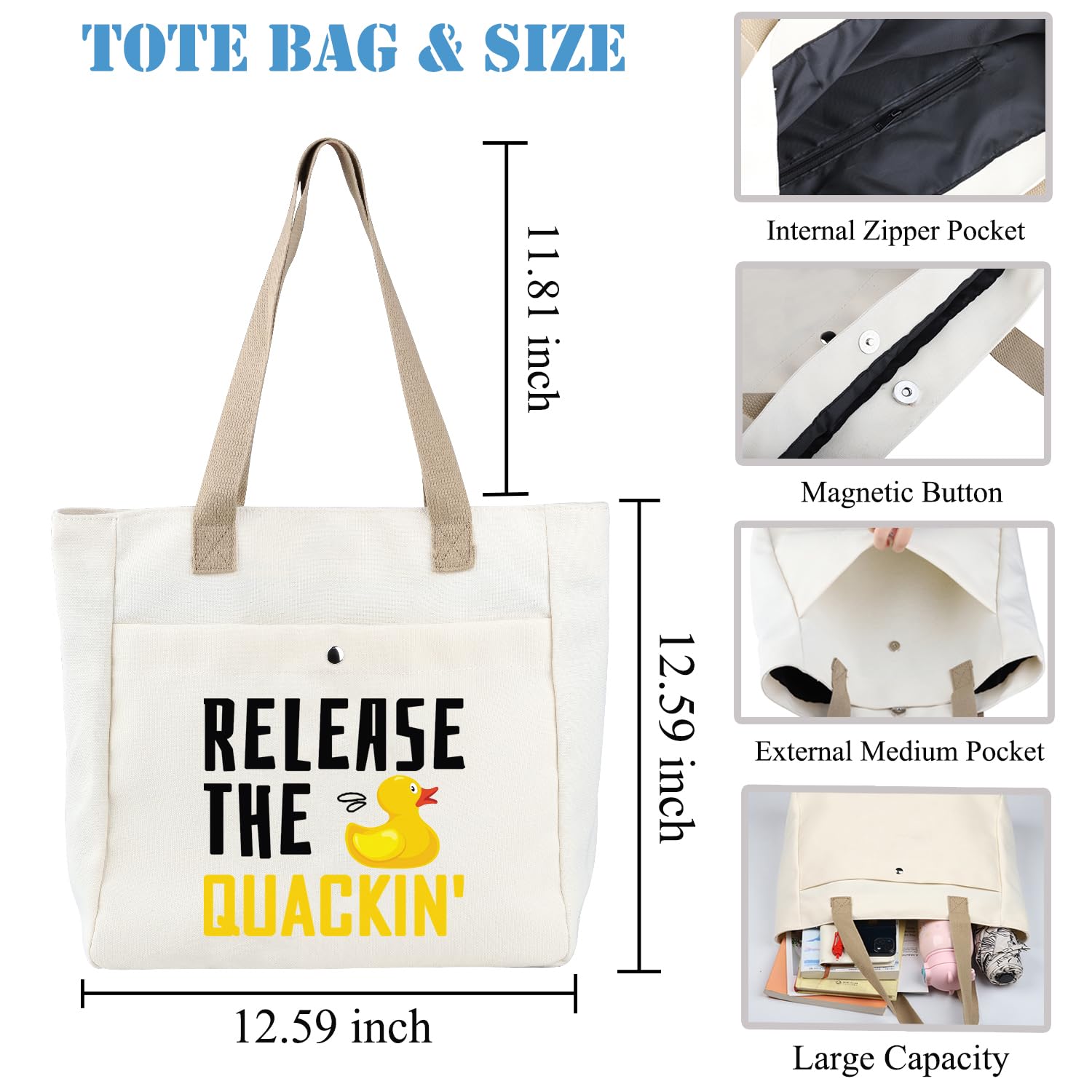 PLITI Rubber Duck Tote Bag Duck Lover Gift Release The Quacking Yellow Ducks Handbag For Duck Owner Duck Mom Gift (Release Quacking TBU) - Image 2