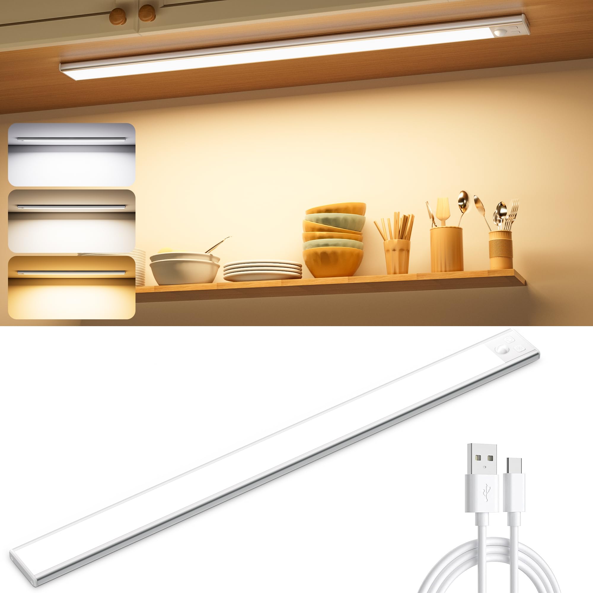 Ylatoial Silver Under Cupboard Kitchen Lights, 1 Pack 41Cm 3 Color Temperature Dimmable 2800Mah Rechargeable Magnetic Led Motion Sensor Lights Indoor For Cabinet