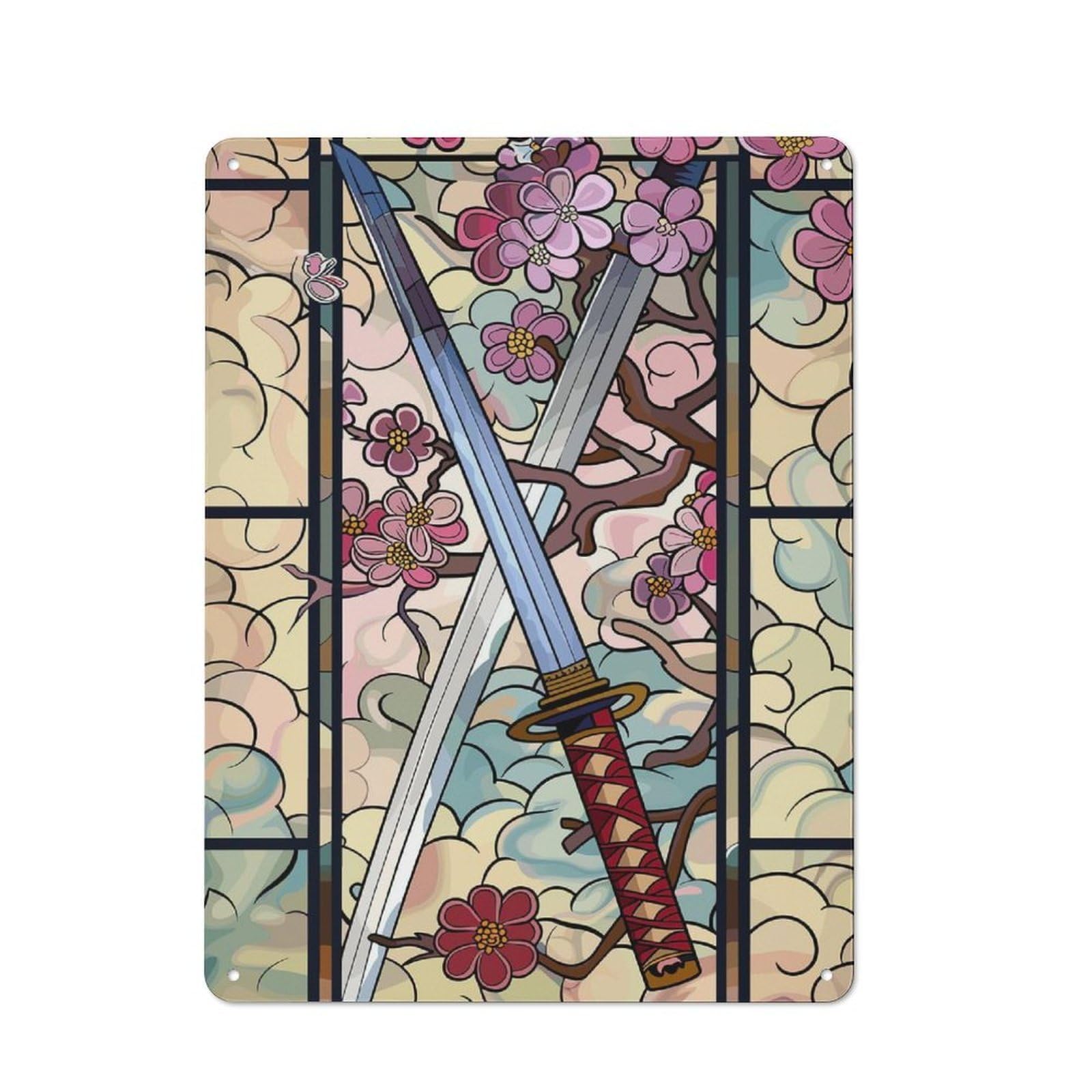 Junmoney Style-20 Vintage Garden Room Metal Sign 40X30cm Featuring Samurai Swords And Cherry Blossoms, Utility Space Decor For Shed, Garden Room, Porch Or Garage