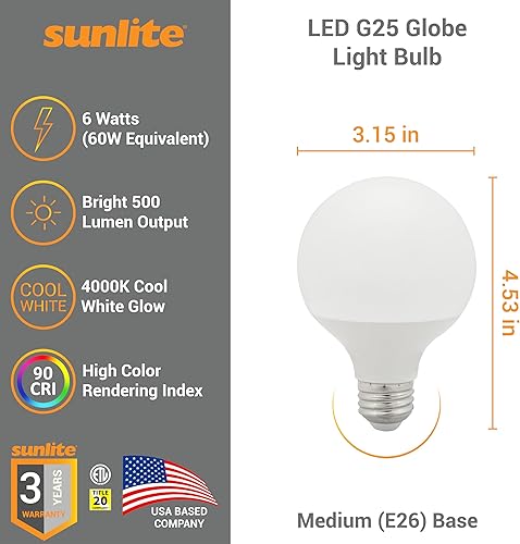 Miniatura 2 de Sunlite Bombilla LED G25, 6 vatios (equivalente a 60 W), base estándar E26, 520 lúmenes, regulable, esmerilado, 90 CRI, compatible con el título 20,