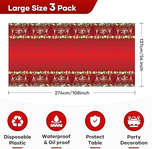 Miniatura 7 de 3 manteles de Navidad de 54 x 108 pulgadas, desechables, de plástico, rectangular, color rojo, copos de nieve, decoración de mesa de Navidad para el