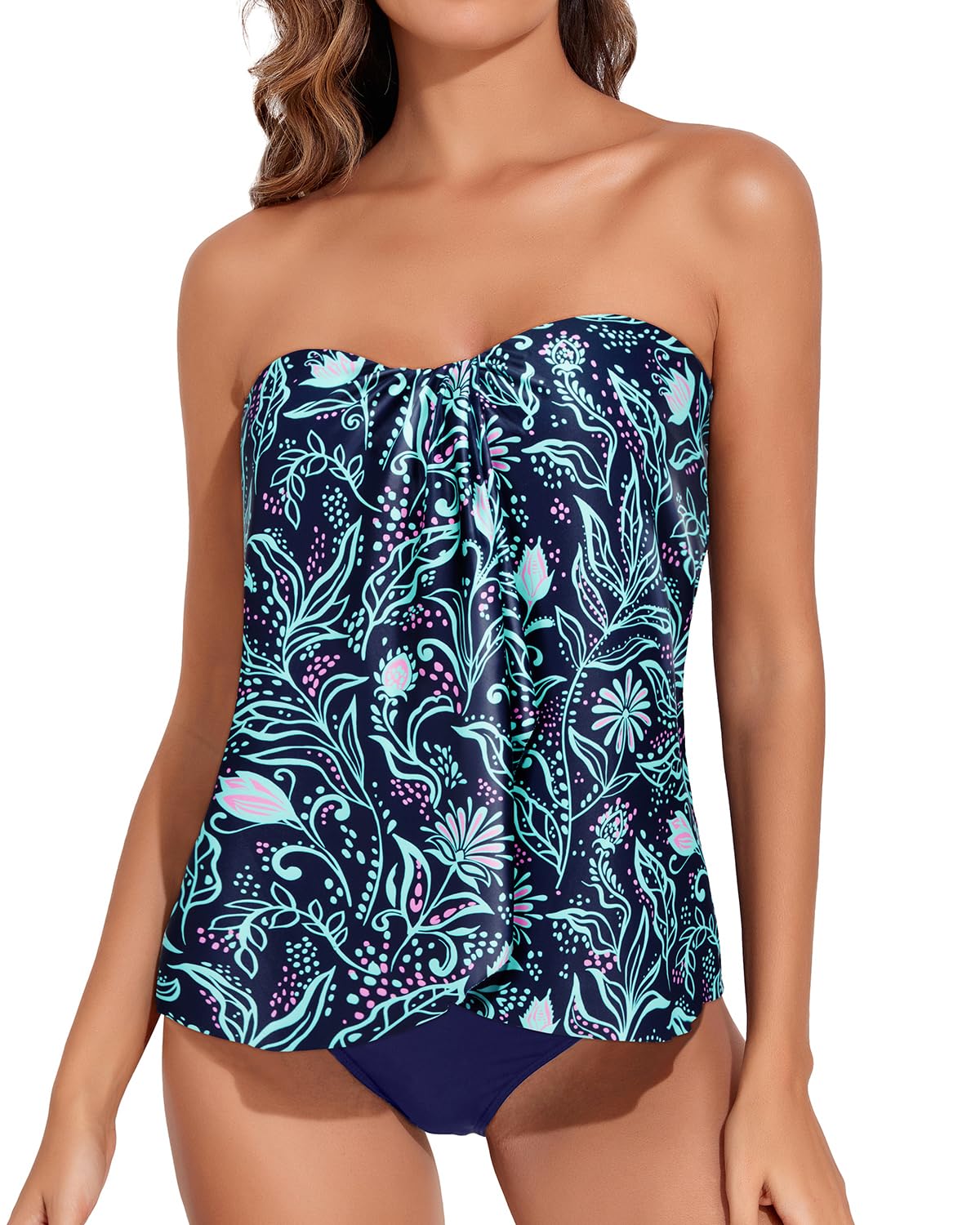Women Two Piece Tankini Bathing Suits Halter Bandeau Swim Top with Bottom