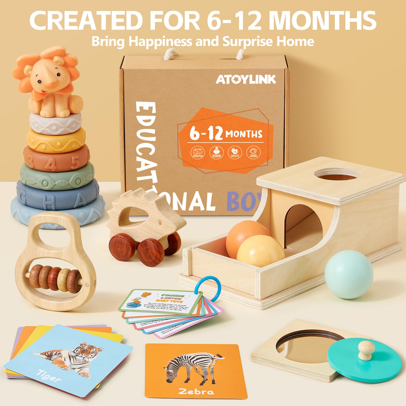 Atoylink Giochi Neonato 6 9 12 Mesi Giochi Legno Montessori con Object Permanence Box & Cubi Impilabili Bambini & Sonaglio Neonato & Flashcards, Giocattoli Giochi Sensoriali per Neonati