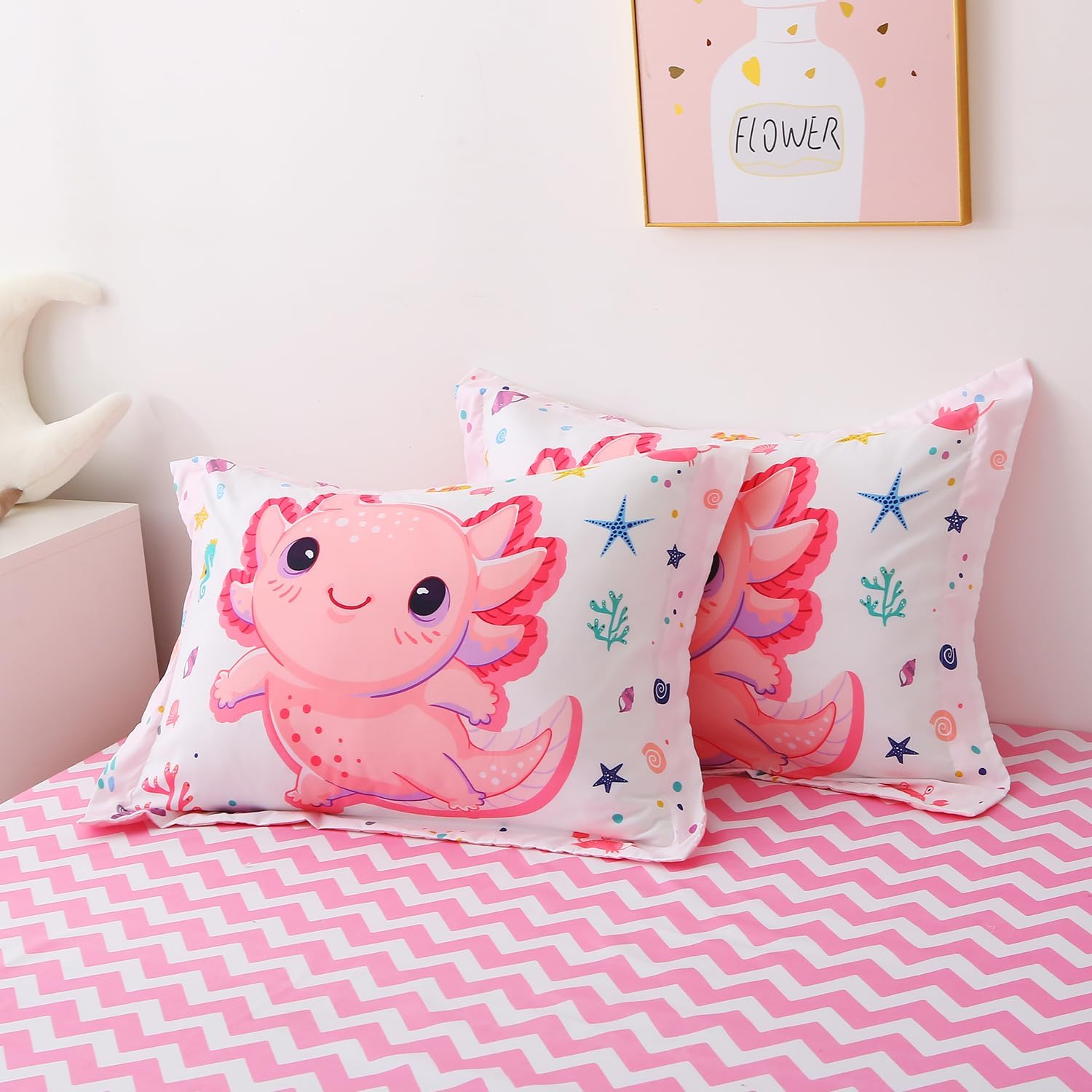 Girls Pink 7 Piece Axolotl Comforter Set for Kids Twin Size Kawaii Axolotl Bedding for Teen 3D Animals Colorful Bed Set (Comforter,Flat Sheet,Fitted Sheet and Pillow Sham) - Image 7