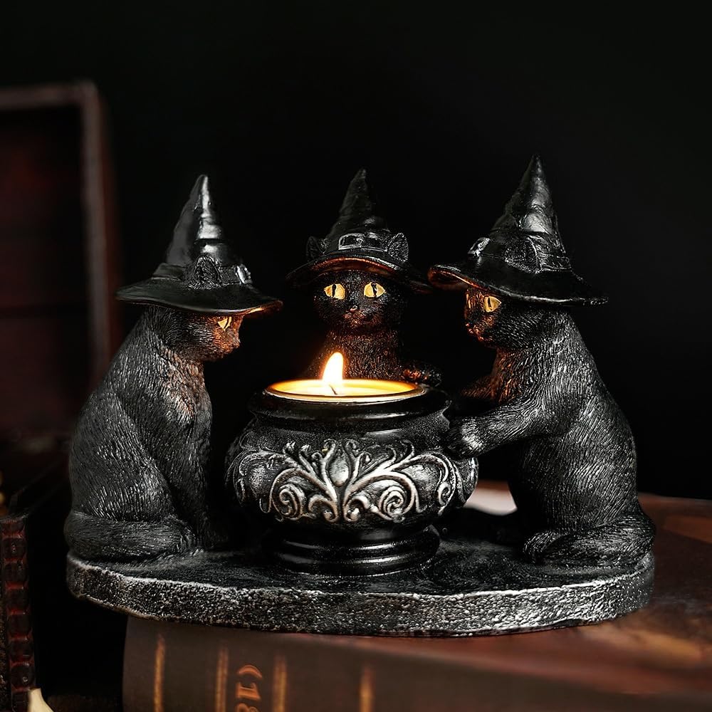 Halloween Black Cat Witches Tealight Candle Holder, Gothic Resin Statue with Decorative Cauldron, Indoor Home Decor (Black) - Image 5