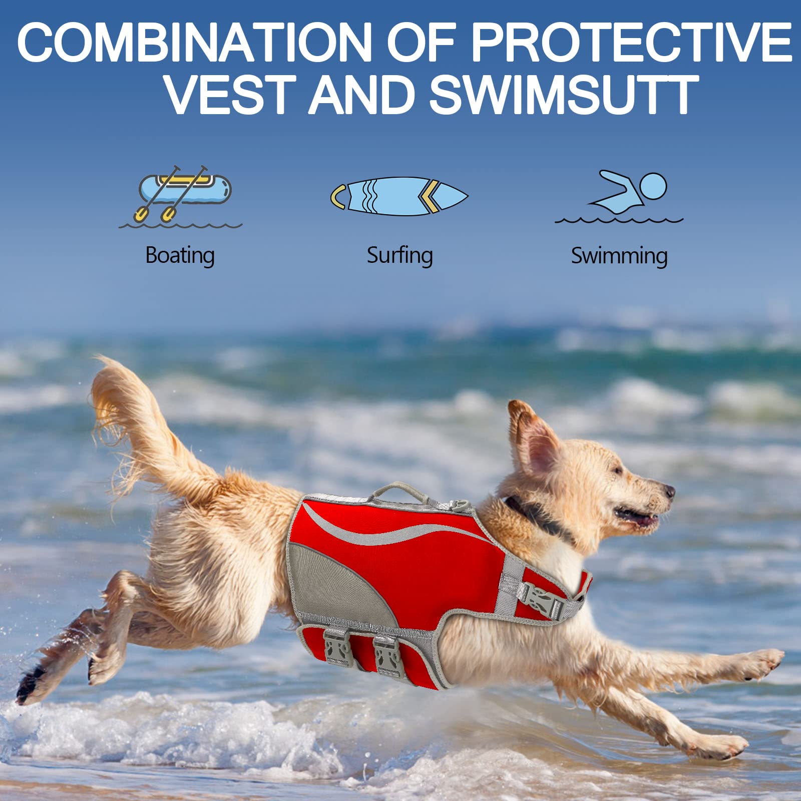 Chaleco Salvavidas para Perros, Chaleco de natación Ajustable para Perros Chaleco de flotación para Mascotas de Alta Visibilidad Chaleco Salvavidas para Perros Natación y canotaje (L, Rojo)