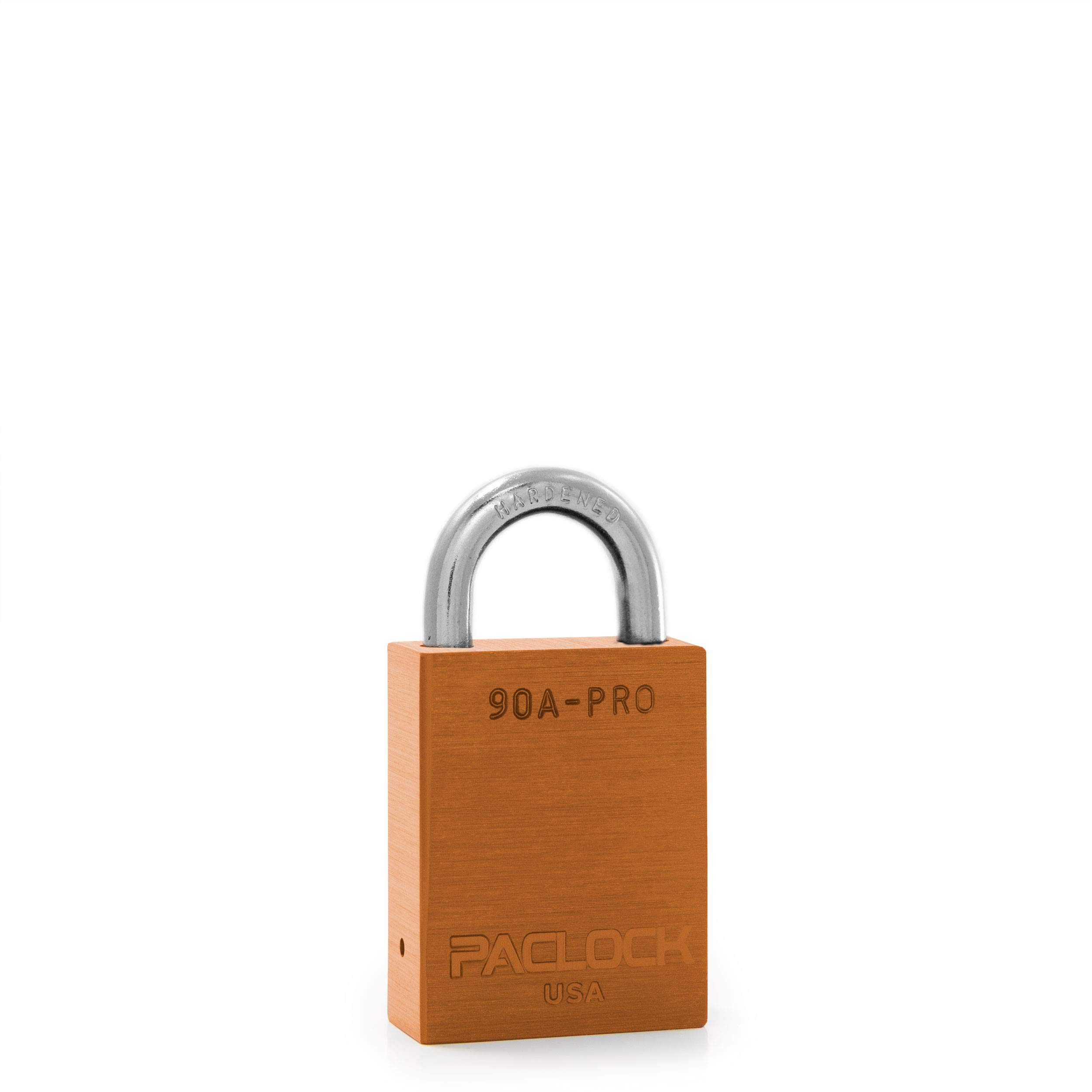 PACLOCK's 90A-PRO Padlock, 1/4" Diameter Hard. Steel Shackle, 3/4" Tall, High Performance 7-Pin Cylinder w/ 1 Key, Keyed Differently, Orange