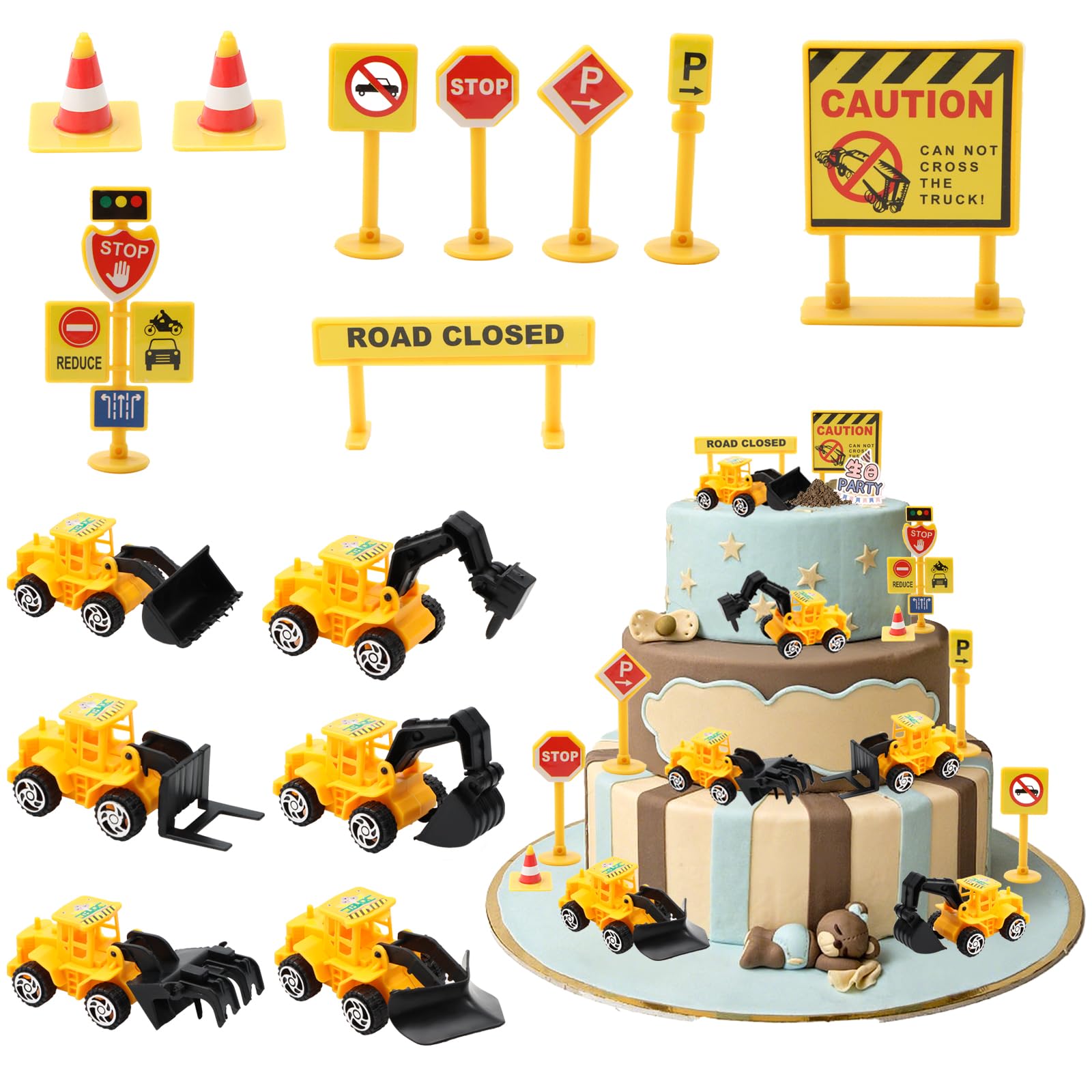 Teselife Taartdecoratie bouwplaats 4 jaar, graafmachine, taartdecoratie 4e verjaardag jongen, verkeersborden, taart, taartdecoratie, taarttopper, miniatuur bouwplaats, kabouter, speelgoed