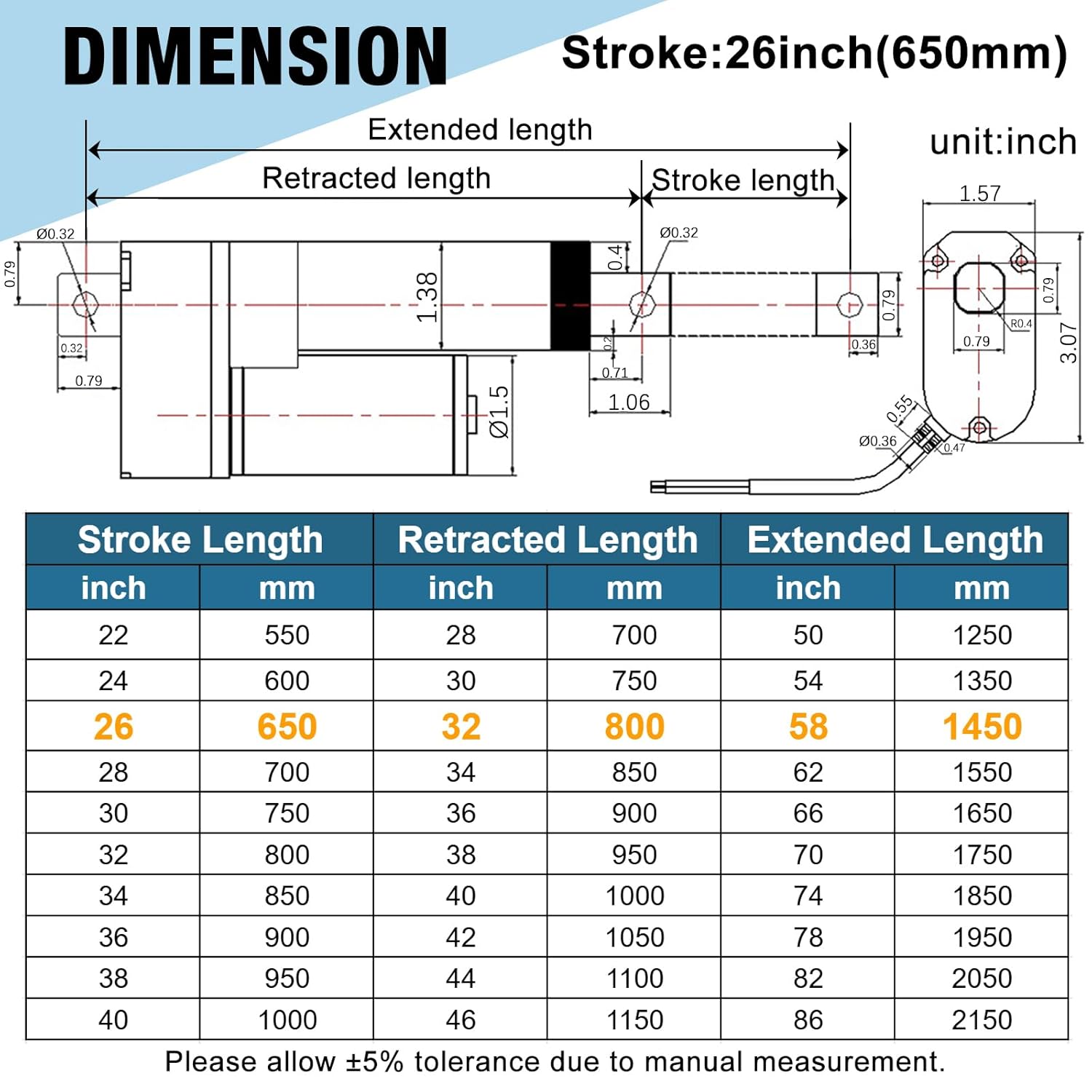 12V Linear Actuator 176lbs/800N 0.78"/s High Speed Linear Actuator Stroke 26Inch IP65 Protection Electric Actuator with Mounting Brackets,for Door Opener,Solar Tracker,Electric Lifting System