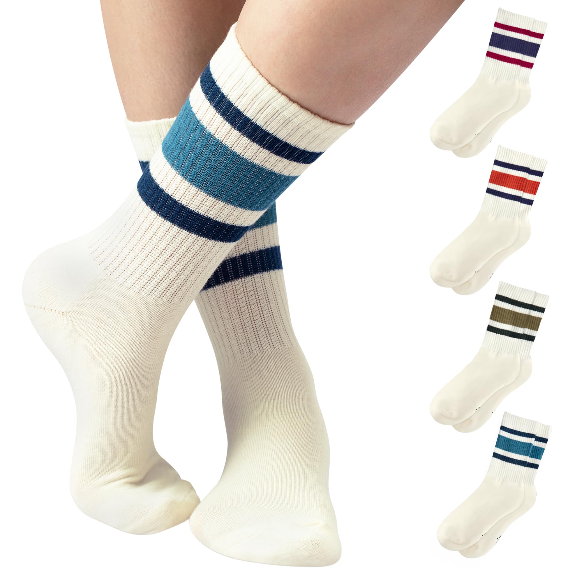 F|B Striped Retro Crew Socks for Women and Men - Pair of 5 Triple Striped Socks with Terry Cushioned Sole