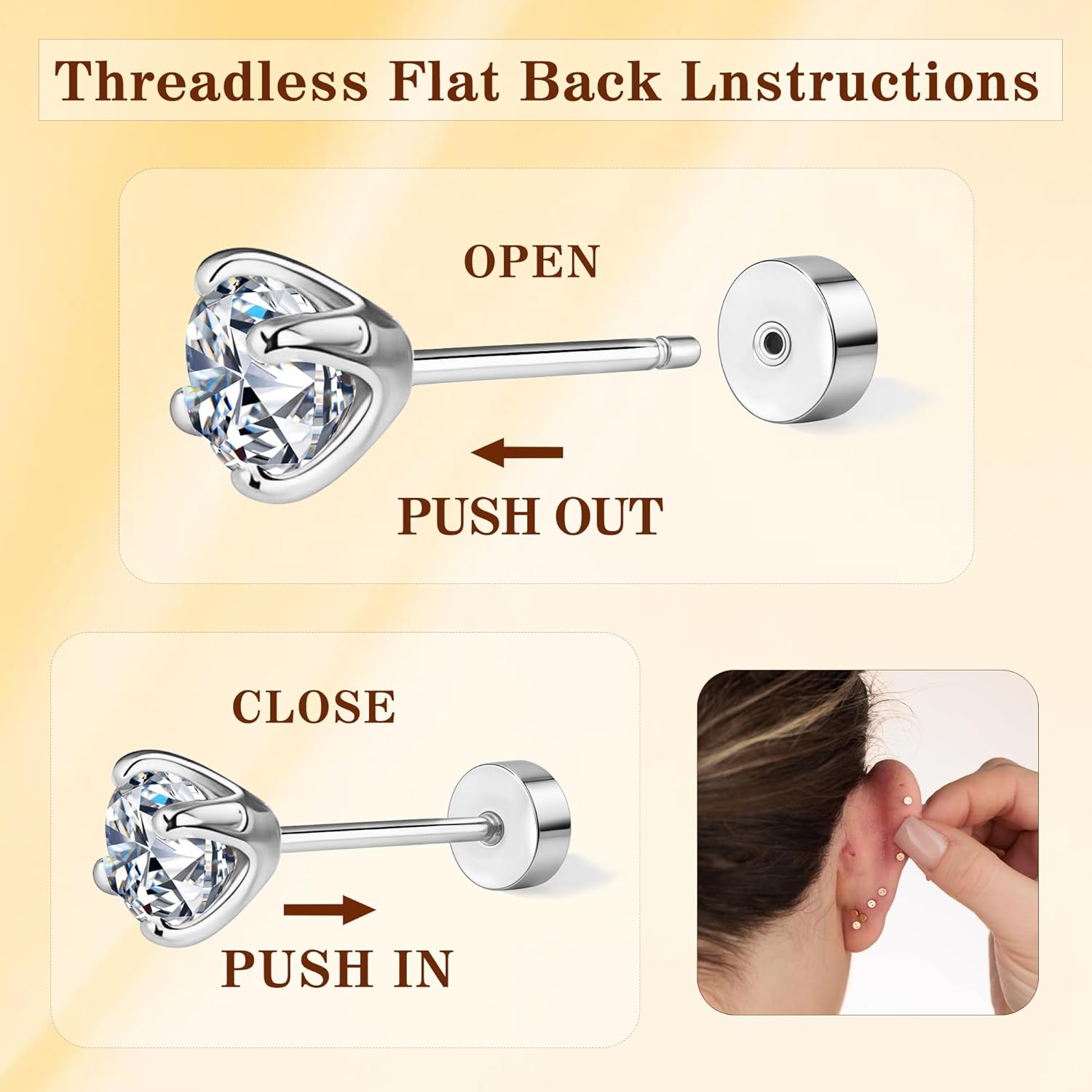 1-5Pairs Flat Back Earrings Set (2-6mm), Push Pin Cartilage Stud earrings for Women, 14K Gold Filled Cubic Zirconia Stacking Earrings Studs, Hypoallergenic Helix Piercing Jewelry, No Screw for Sleeping - Image 2