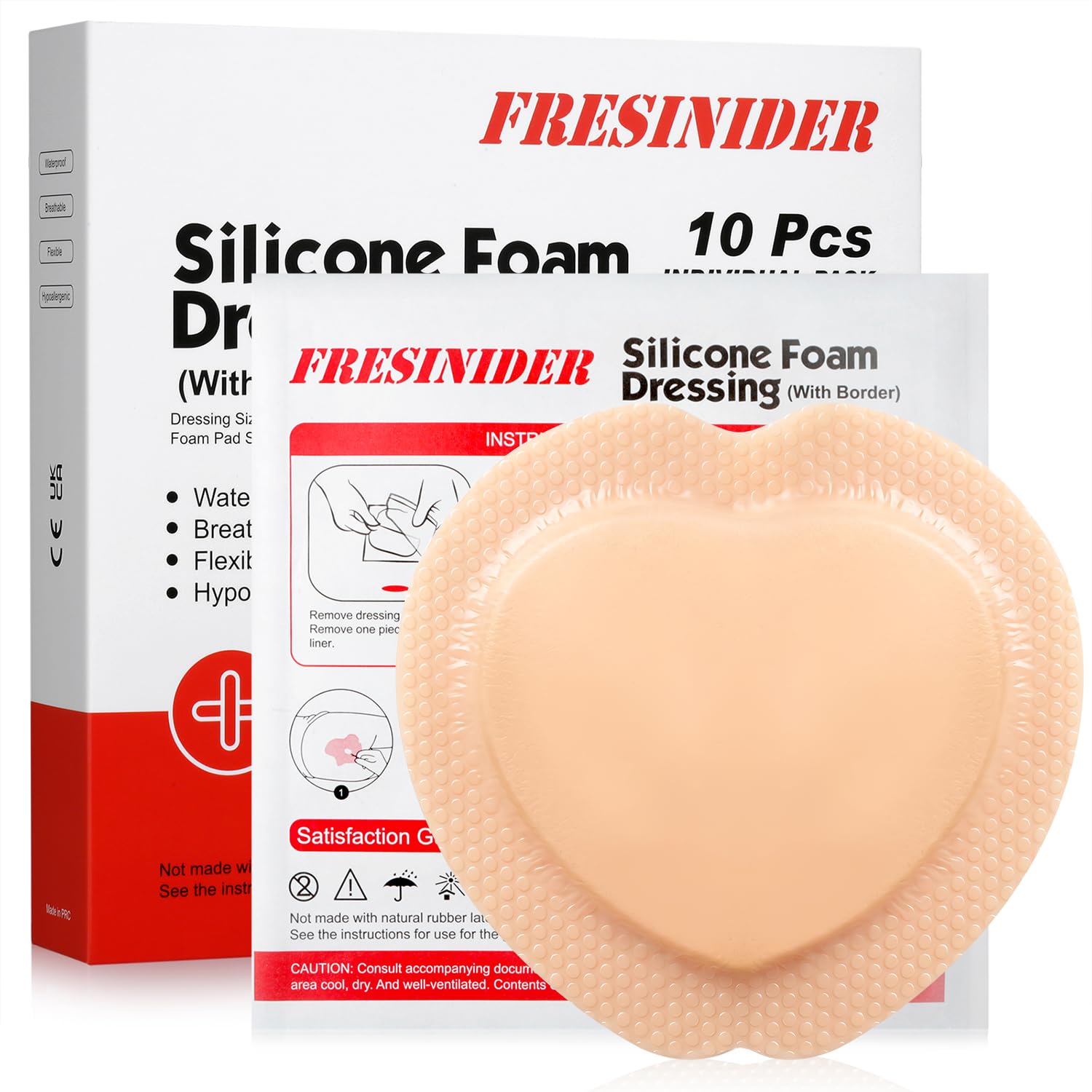 FRESINIDER Sacral Silicone Foam Dressing 7" x 7", 10 Pack, Adhesive Border, Absorbent &amp; Breathable, for Pressure Ulcers, Bed Sores &amp; Wound Care