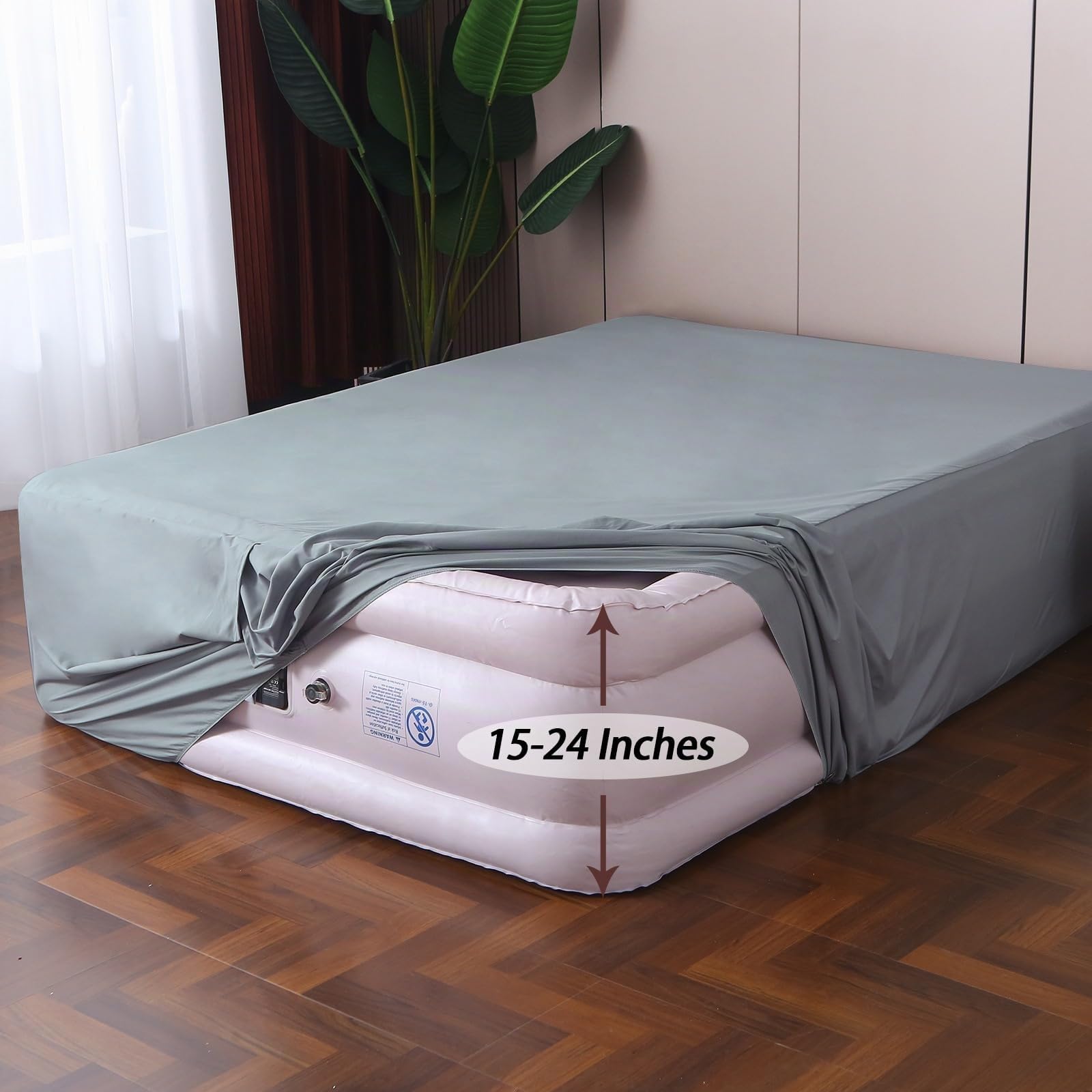 Drap-Housse pour lit Gonflable avec Ouverture de Pompe, Ultra Doux, Durable et Respirant, Convient aux Poches très Profondes de 38 à 61 cm, se gonfle à Tout Moment, Gris