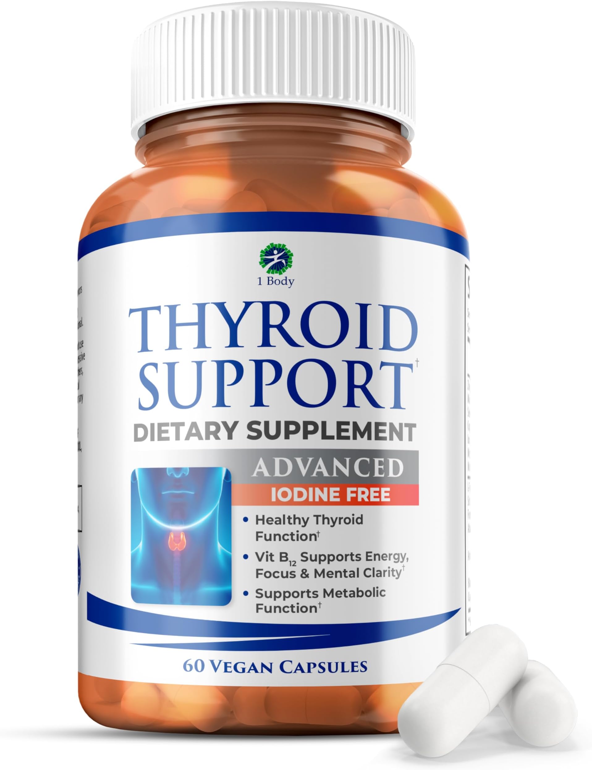 1 Body Thyroid Support Supplement for Women – Iodine Free Formula with Selenium, Zinc & Ashwagandha – Supports Energy, Metabolism & Hormone Balance – 60 Vegan Capsules