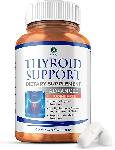 1 Body Thyroid Support Supplement, Iodine-Free, Vegan, with L-Tyrosine and Ashwagandha, 60 Capsules