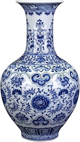 Jarrón decorativo de porcelana china Jingdezhen Jarrón decorativo de porcelana azul y blanca, simple retro para el hogar, florero con base de
