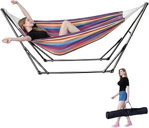 Portable Hammock with Stand for Outside or Inside (Red/Blue/Yellow) | 1 Minutes Tool-Free Setup | Adjustable Hammock for Indoor Outdoor Patio Yard | Carry Bag Included