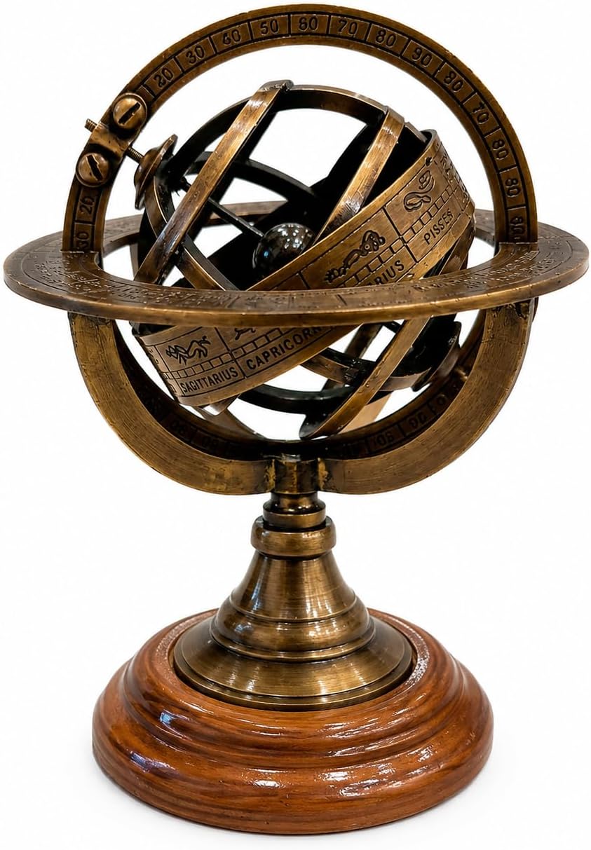 Engraved Brass Tabletop Armillary Nautical Sphere World Globe With Base Table Decor Gift (Antique Brass, 5 Inches) Rustic Vintage Home Decor Gifts