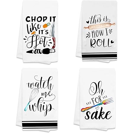 KamaLove Funny Kitchen Towels, Dishcloths Sets of 4.Best Housewarming Gifts, Funny Dish Towels, Cute Kitchen Towels.New Home Housewarming Gifts, Funny Sayings Towels, Decorative Tea Towels (Color)