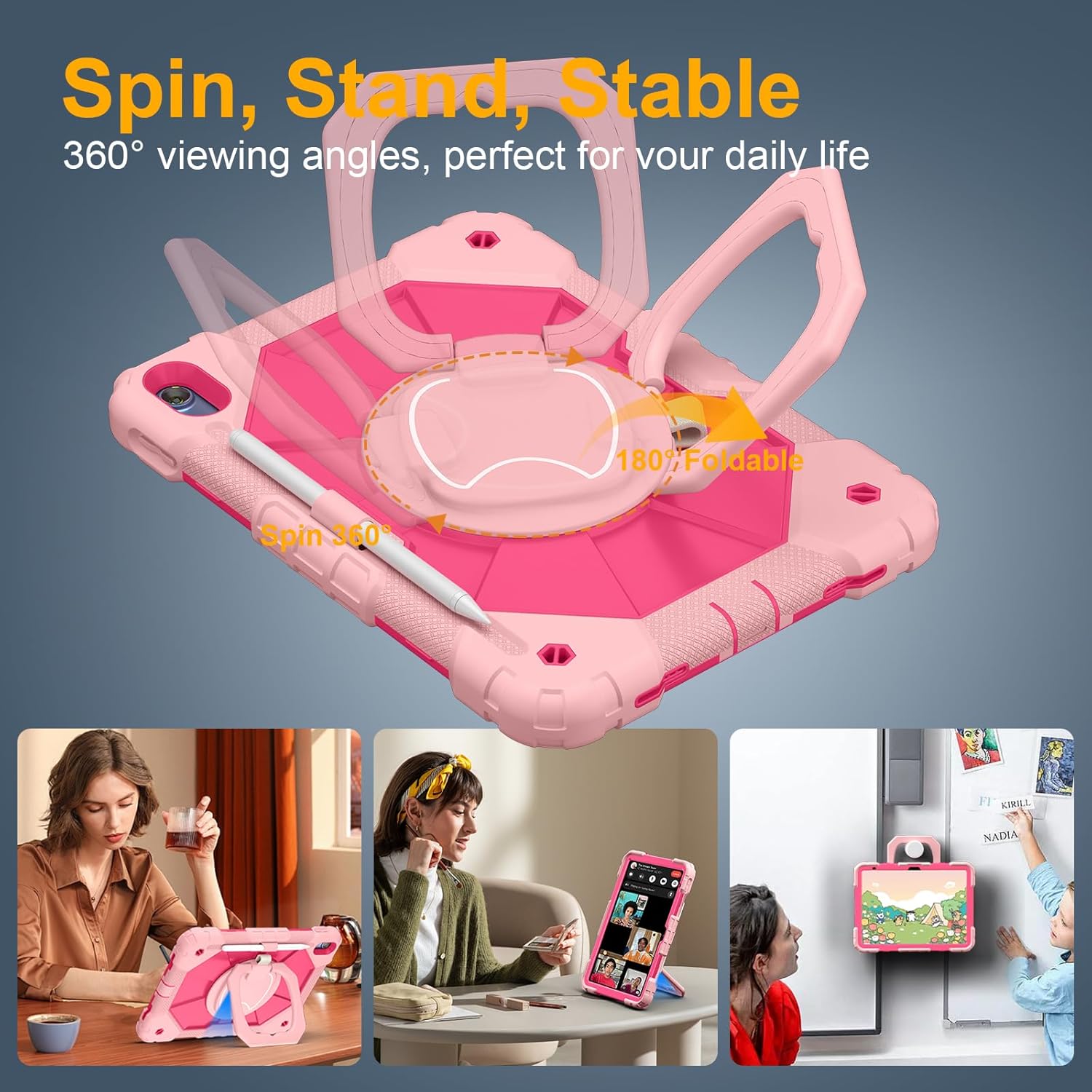Case for iPad (A16) 11th Generation 11 Inch 2025, Ubearkk for iPad 10th Generation 10.9 inch 2022 case with Screen Protector 360 Degree Rotating Stand Shoulder Strap Pencil Holder, Rose Pink