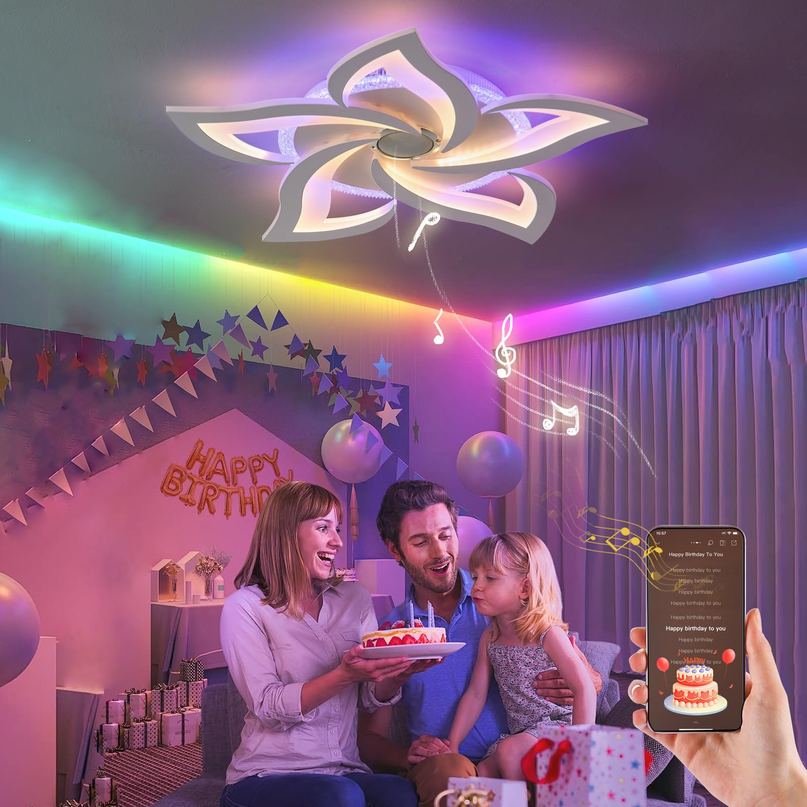 Lampadario Telecomando APP RGB Plafoniera con Altoparlante Bluetooth 3 Temperature di Colore Lampadari con Timer Dimmerabile Luce Notturna e Funzione di Memoria per la Camera da Letto, Bianco