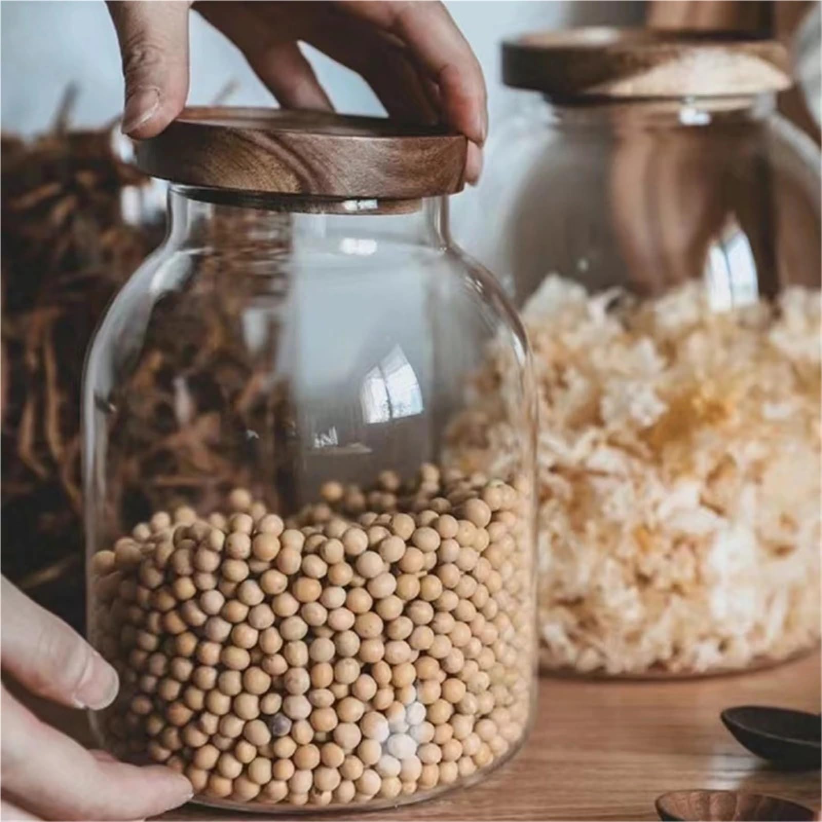 Tarro de conservación Large Capacity Glass Sealed Jar Lid Storage Wood Cover Coffee Bean Organizer Kitchen Containers(3000ML)