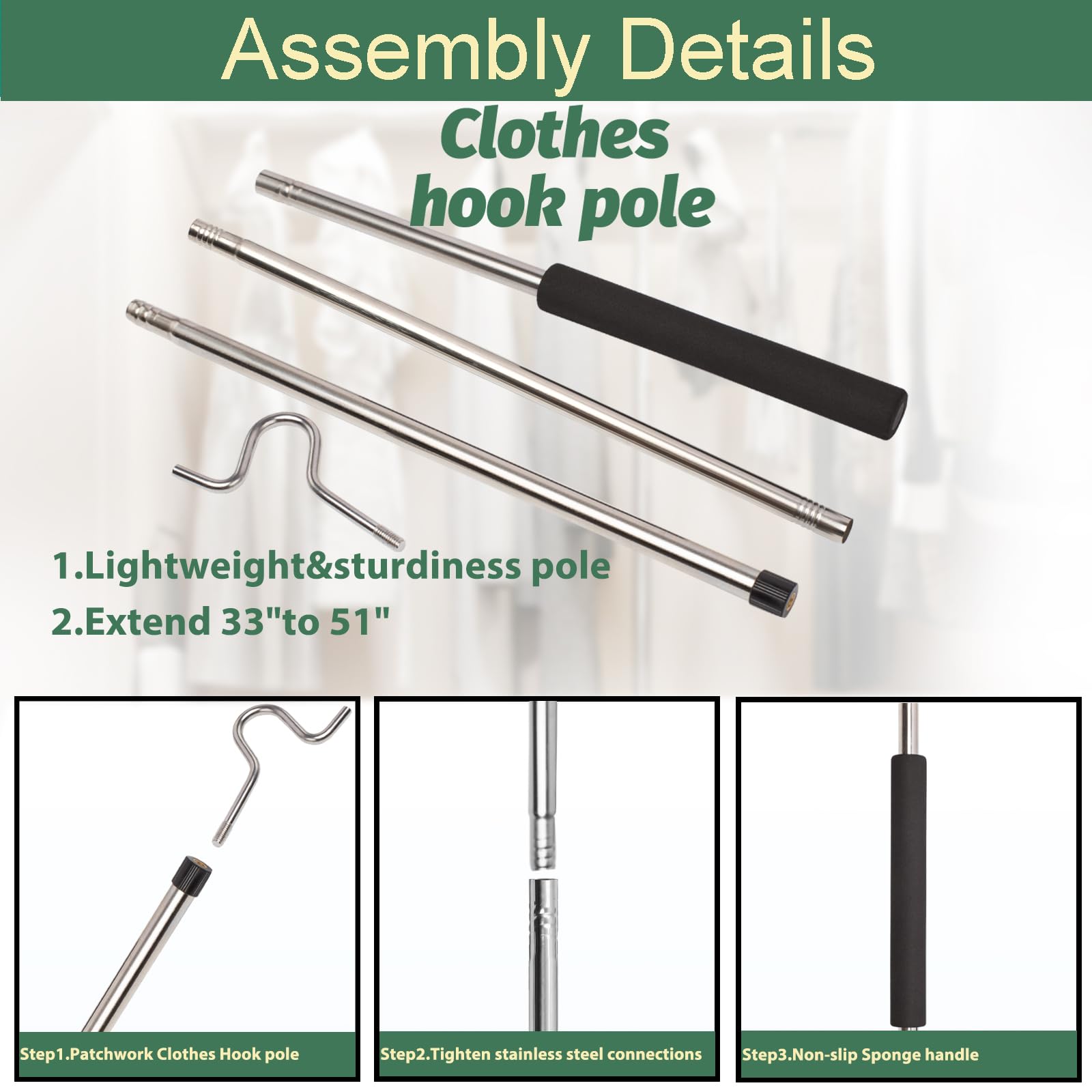 Snapklik.com : Frebuta Clothing Hook Pole,2PC 51 Inch Closet Pole Reach