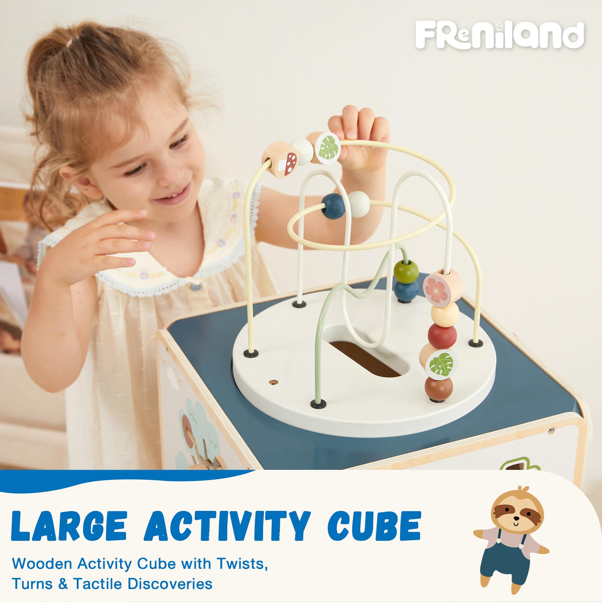 FReniland Holz Montessori Aktivitätswürfel für Kleinkinder 1-3 7-in-1 Baby Activity Center mit Perlen-Labyrinth, Formsortierer, Zahlengetriebe & Entdeckungsspiegel, Feinmotorisches Lernspielzeug für