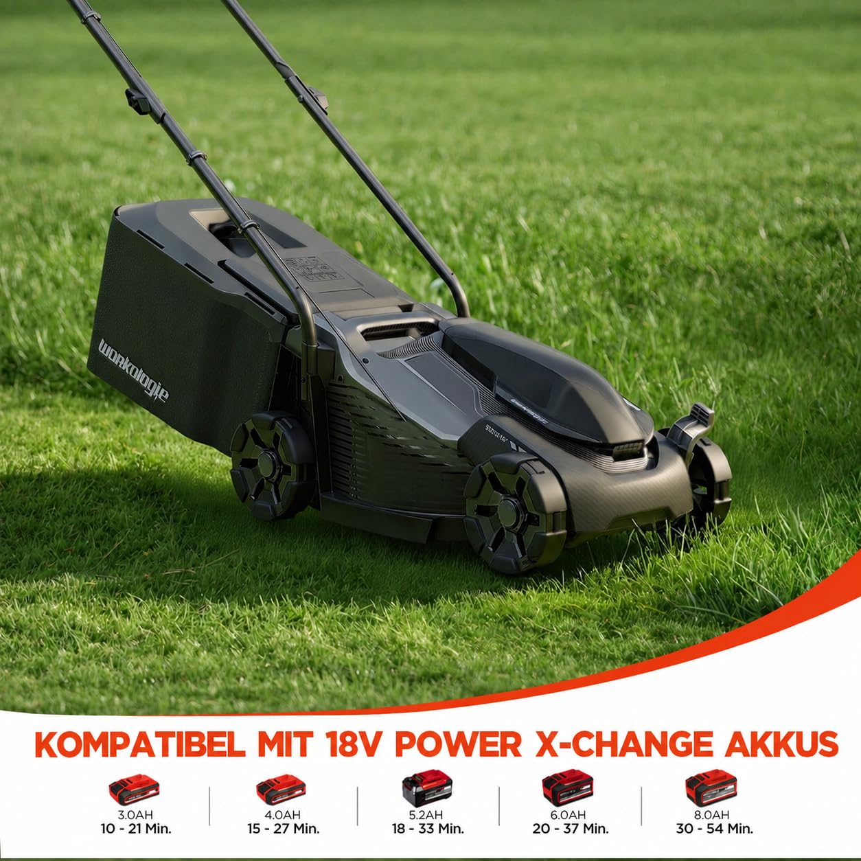 33 cm Bürstenloser Akku-Rasenmäher Solo Kompatibel mit 18V Power X-Change | 5-fache Höhenverstellung 25–65mm, 35L Grasfangkorb, Mulchmodus, 1 Ersatzmesser, ohne Akku/Ladegerät