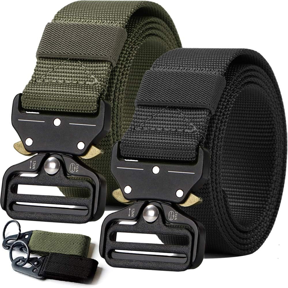 2PCS Tactical Belt,Military Style Webbing Riggers Web Gun Belt with Heavy-Duty Quick-Release Metal Buckle With 2 Keychains