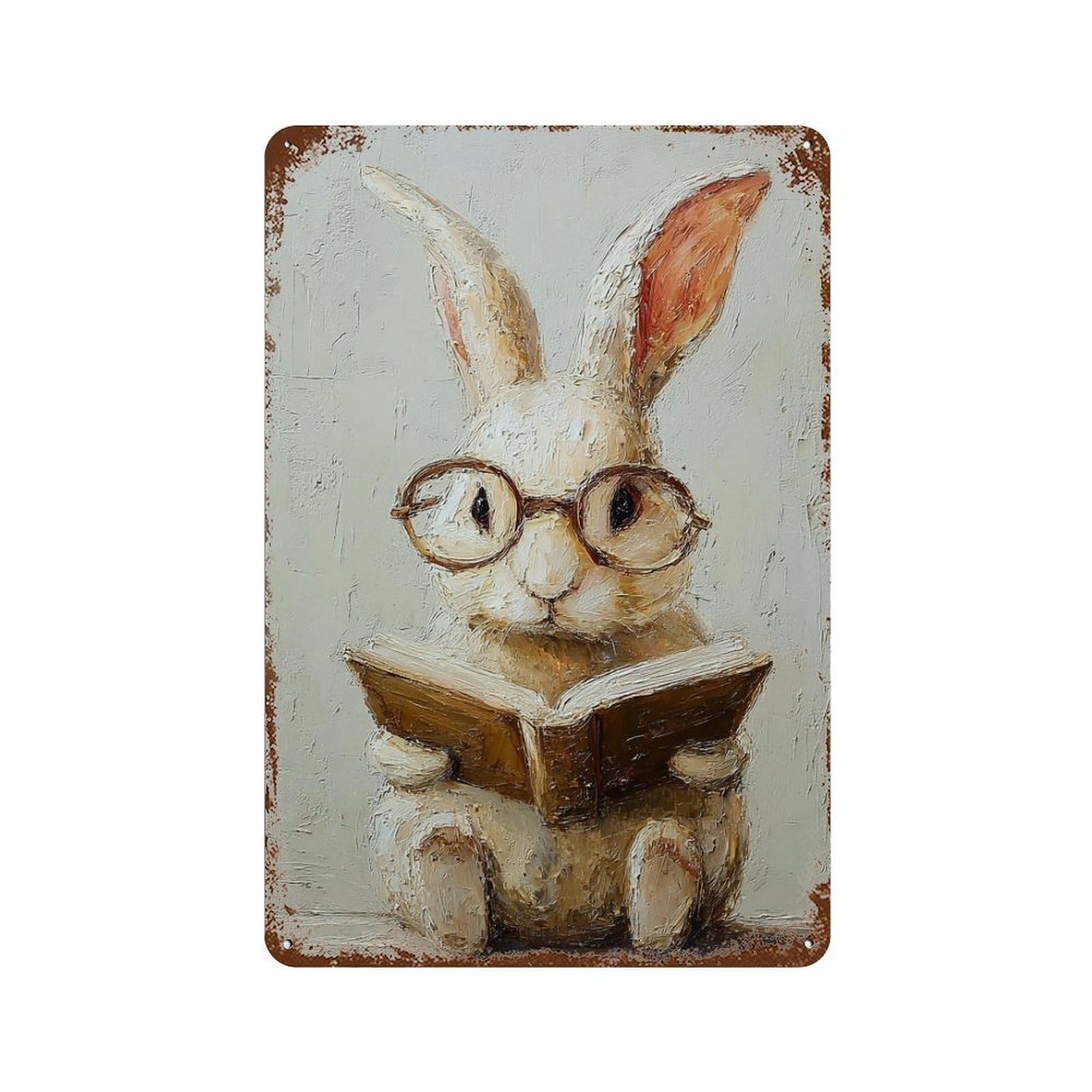 Rust Effect Rabbit Reading Book Painting Rustic Tin Plaque 11.8"x7.9", Industrial Home Decor for Bistro, Counter And Cafe Decor