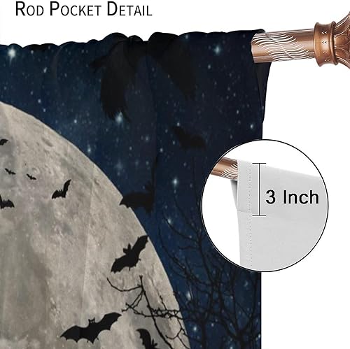 Miniatura 6 de Cortinas opacas góticas de Halloween para dormitorio, fantasía, galaxia, bosque, luna llena, murciélagos de cuervo negro, cortinas de oscurecimiento