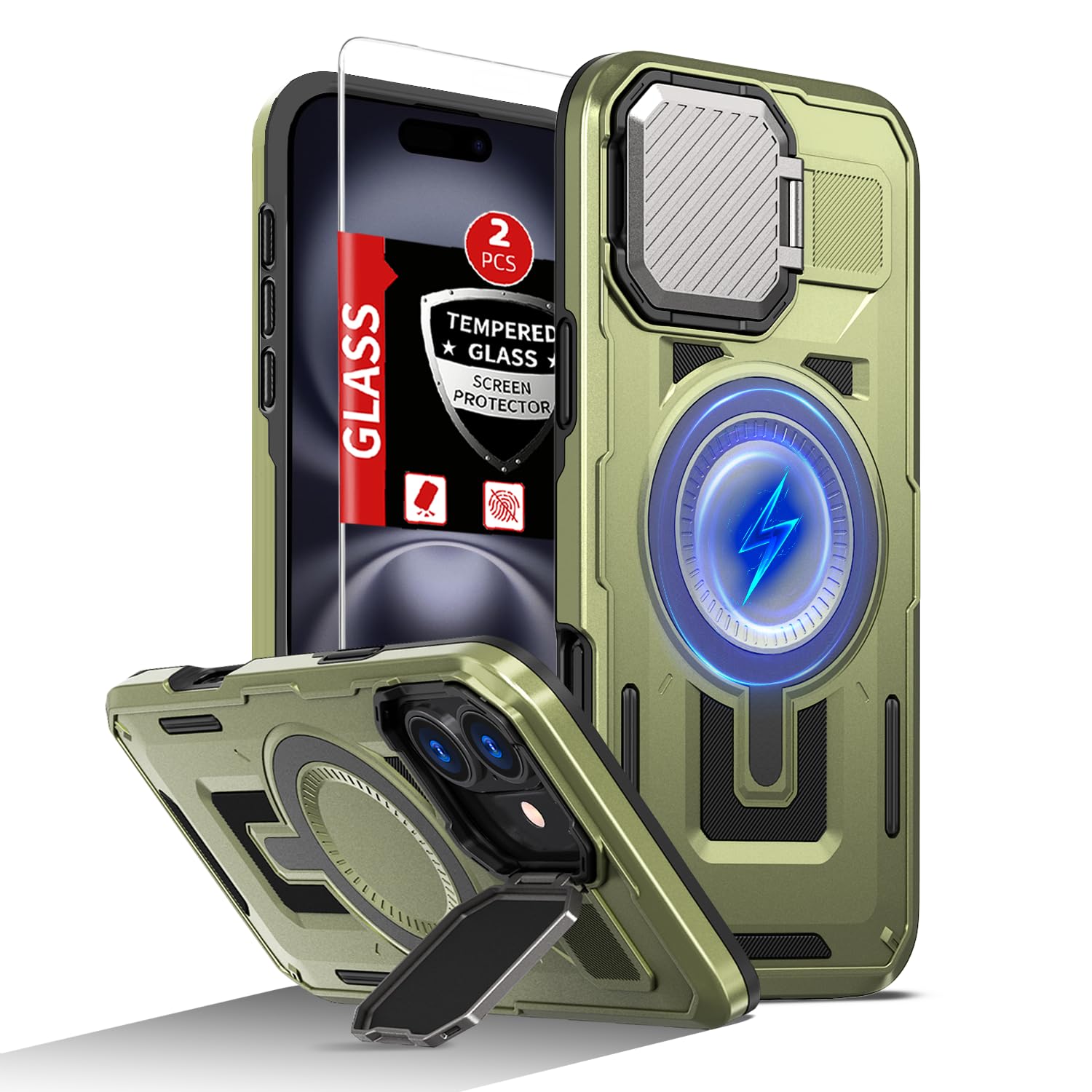 FRLMOOES for iPhone 16 Case Compatible with MagSafe Magnetic Wireless Charging,Built-in Camera Cover Kickstand,with 2 Glass Screen Protectors,
