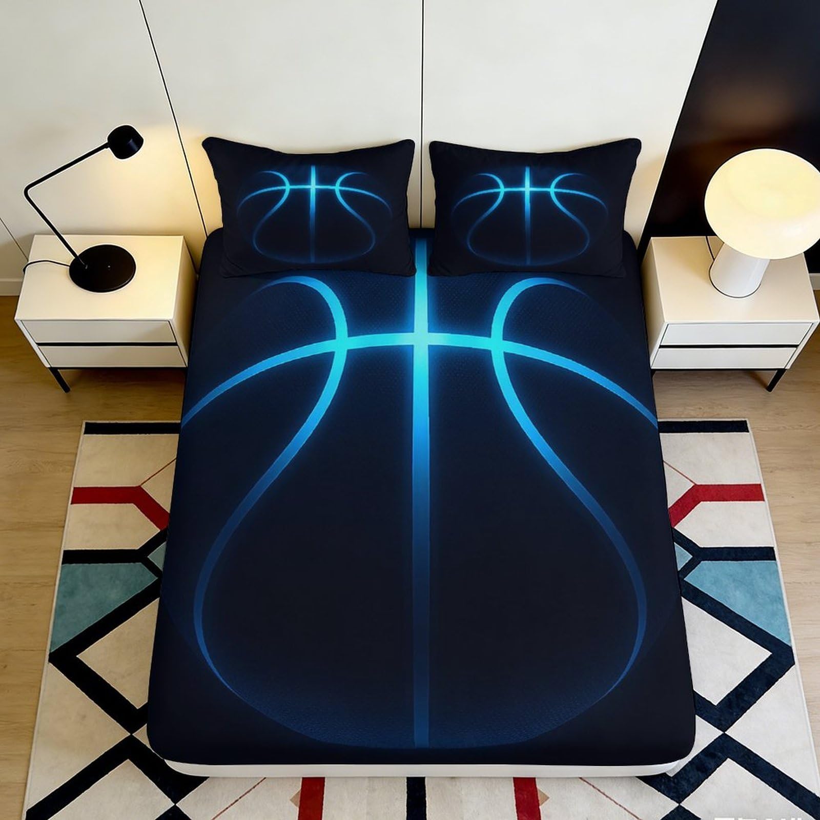 3D Printed Basketball Pattern Fitted Sheet Microfiber Soft Breathable Neon Blue Bed Cover for Bedroom Dormitory Guest Room Mattress Protection 160x200x25cm