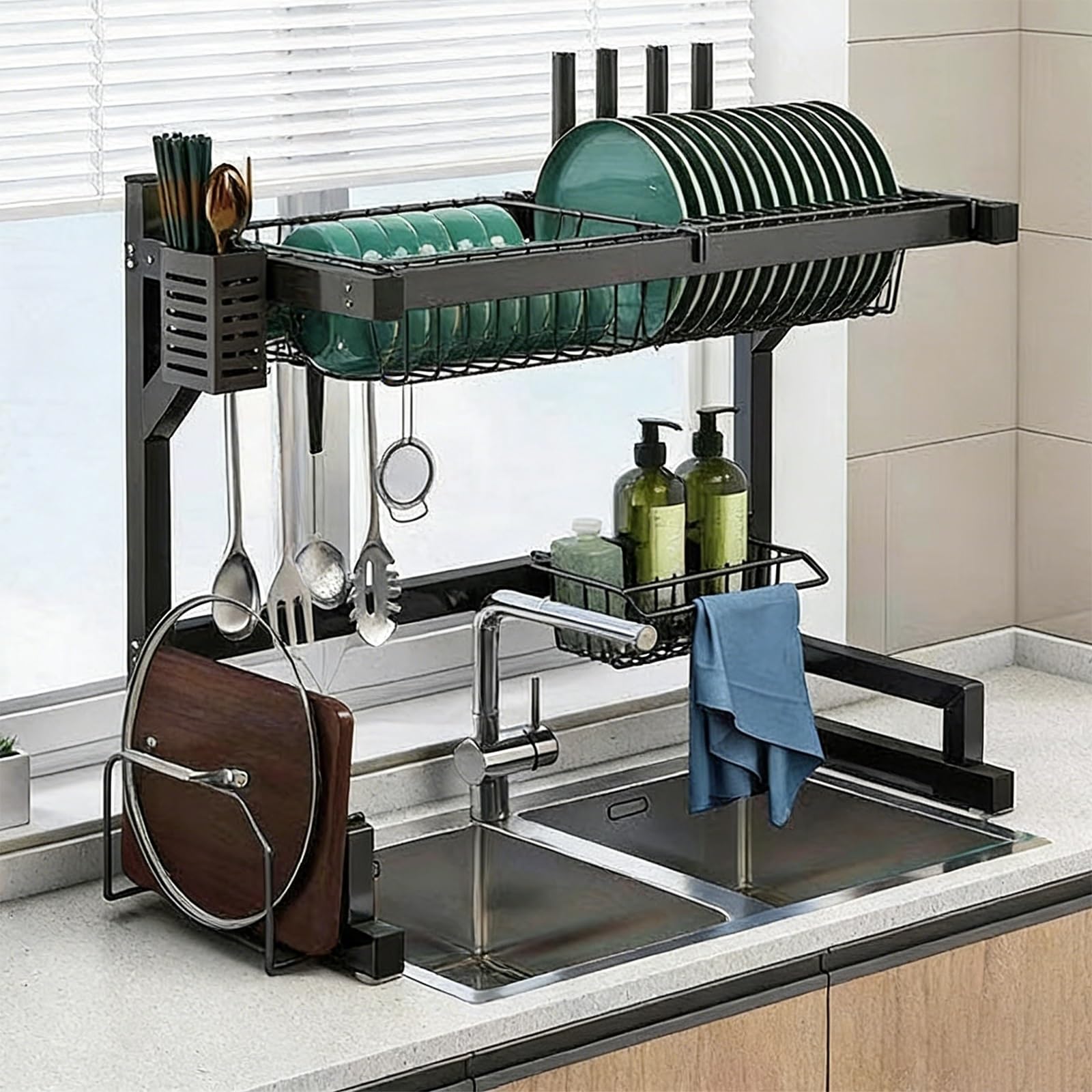 Escurridor de platos multifunción con soporte para utensilios para organizar la cocina, sostiene platos, vasos, cuencos, cubiertos